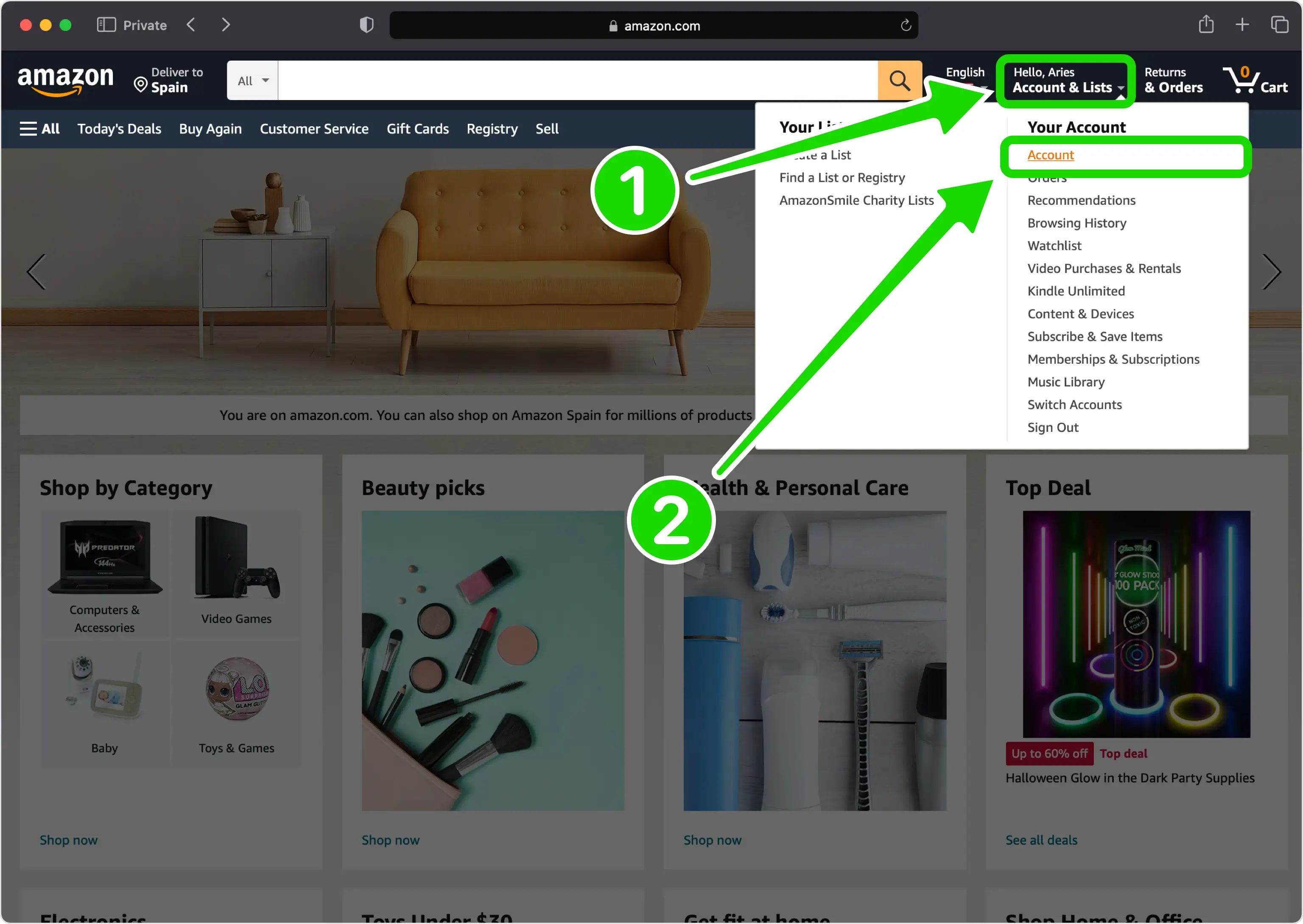 Amazon header drop-down menu next to the profile picture with 'Account' highlighted