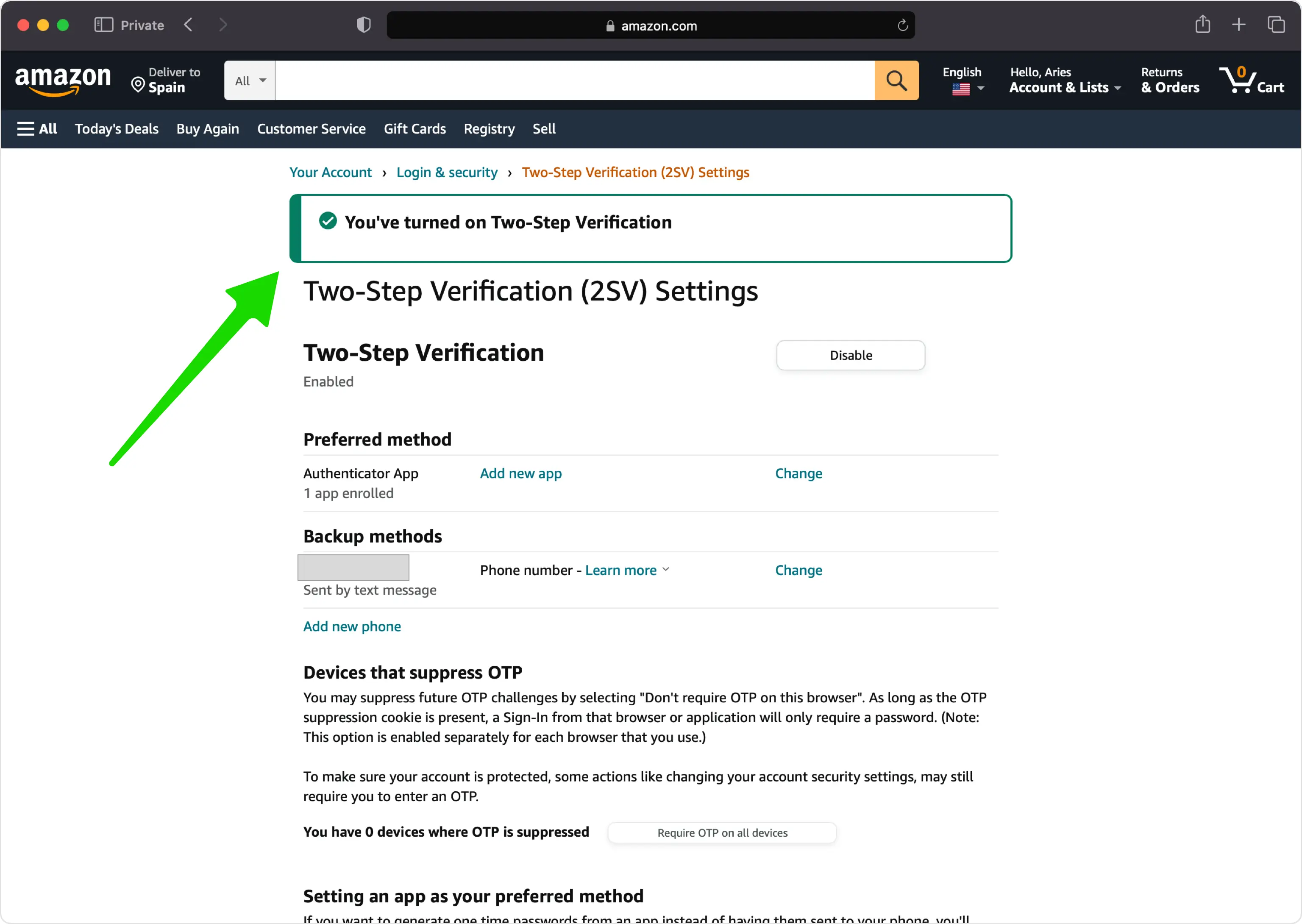 Amazon confirmation page showing Two-Step Verification is enabled