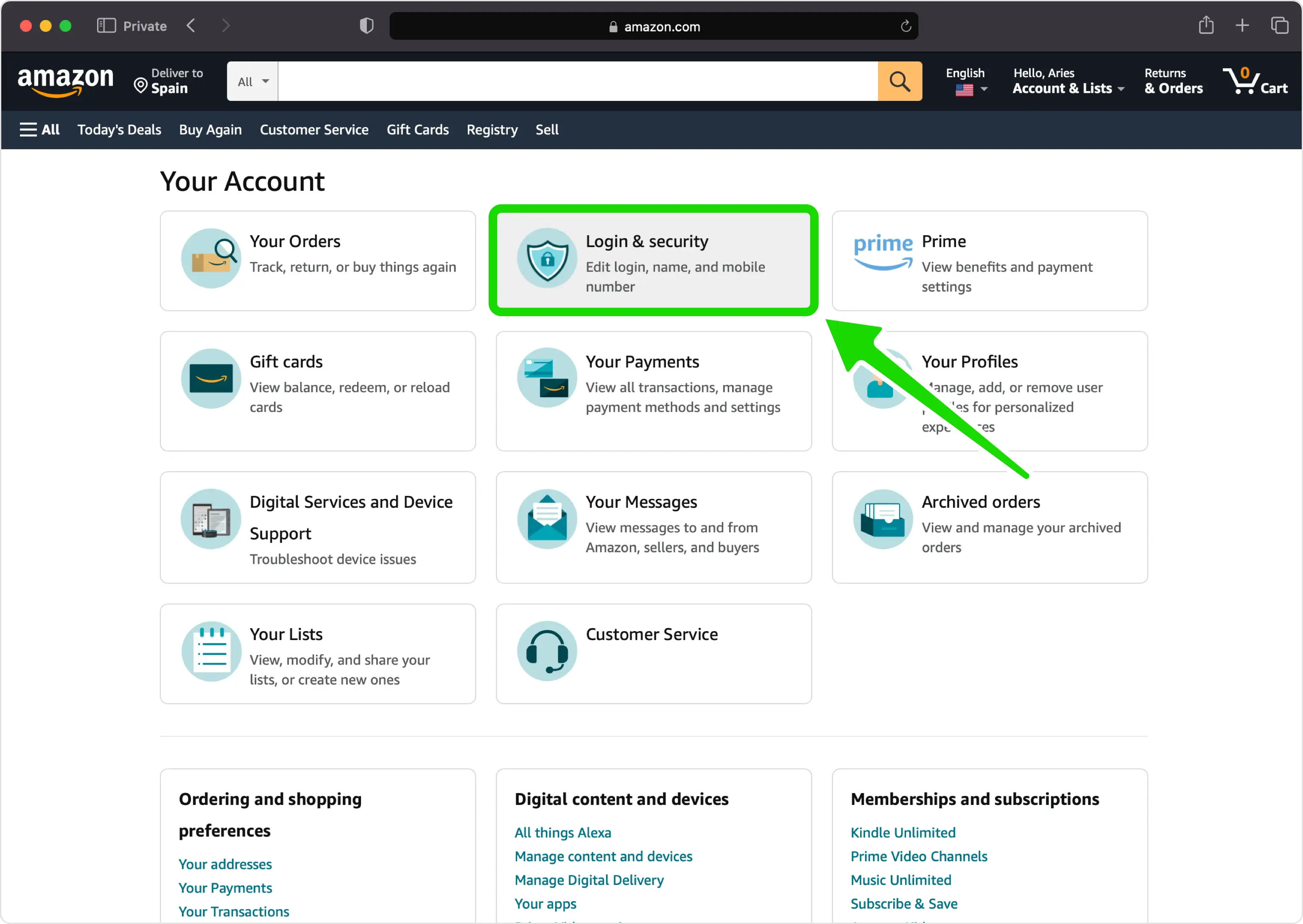 Amazon account page with the 'Login & security' option