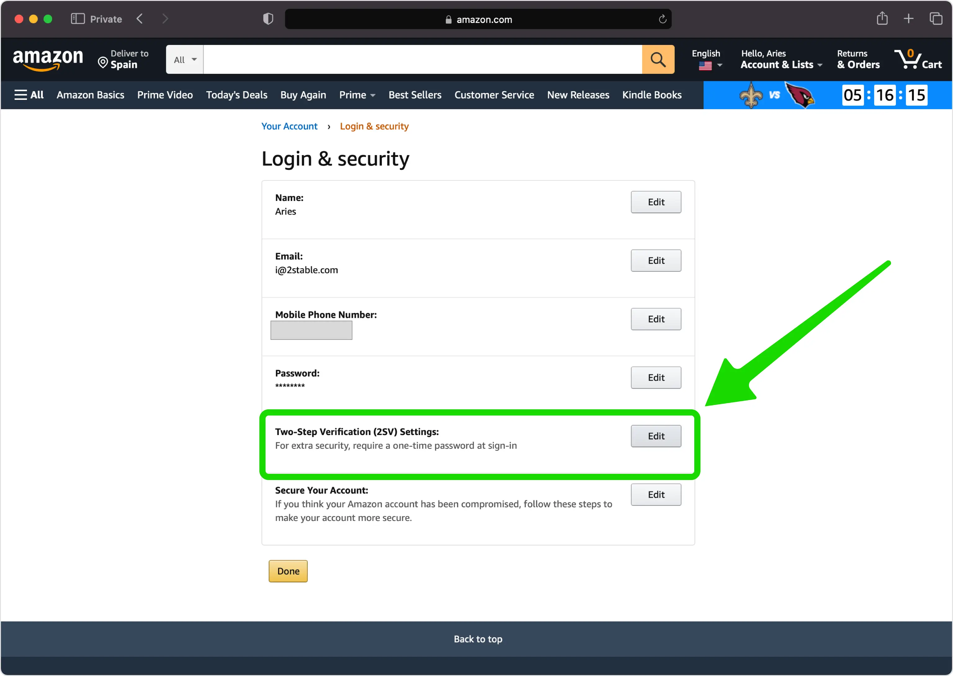 Amazon Login & security page with the Edit button next to Two-Step Verification (2SV) Settings