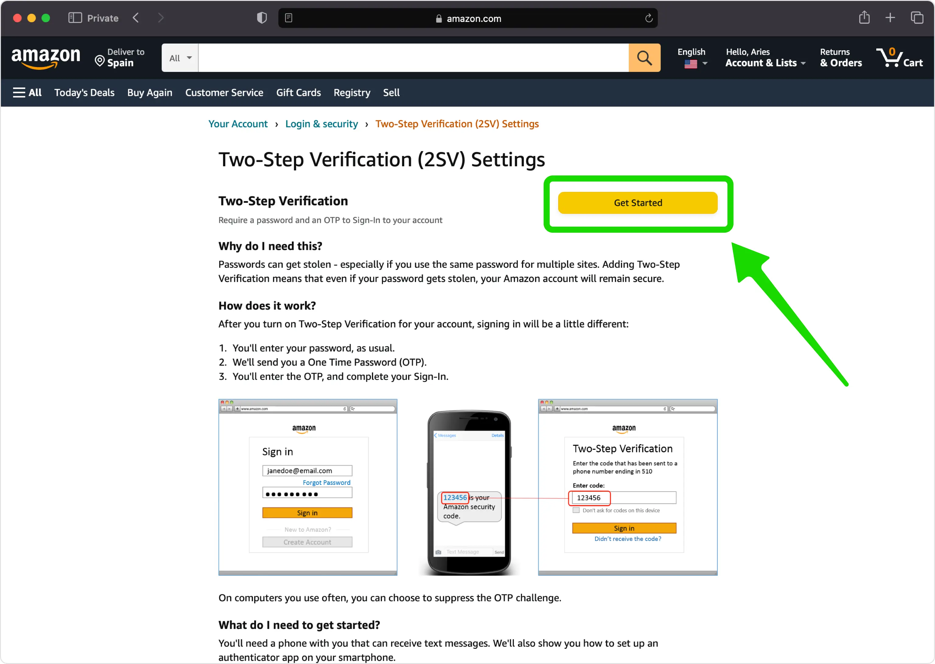 Amazon two-step verification introduction page with a Get Started button