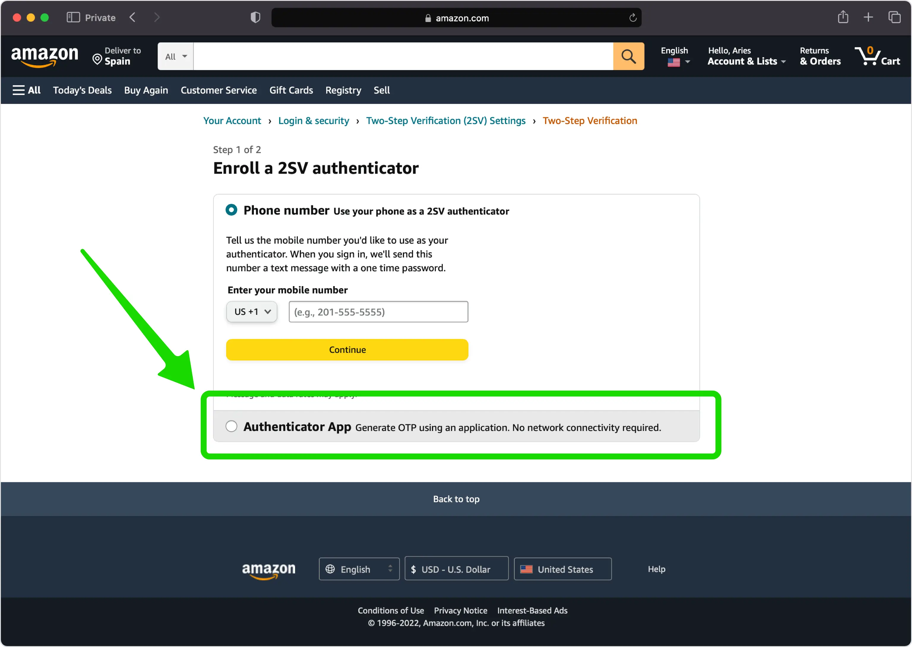 Amazon two-step verification method options with 'Authenticator App' selected