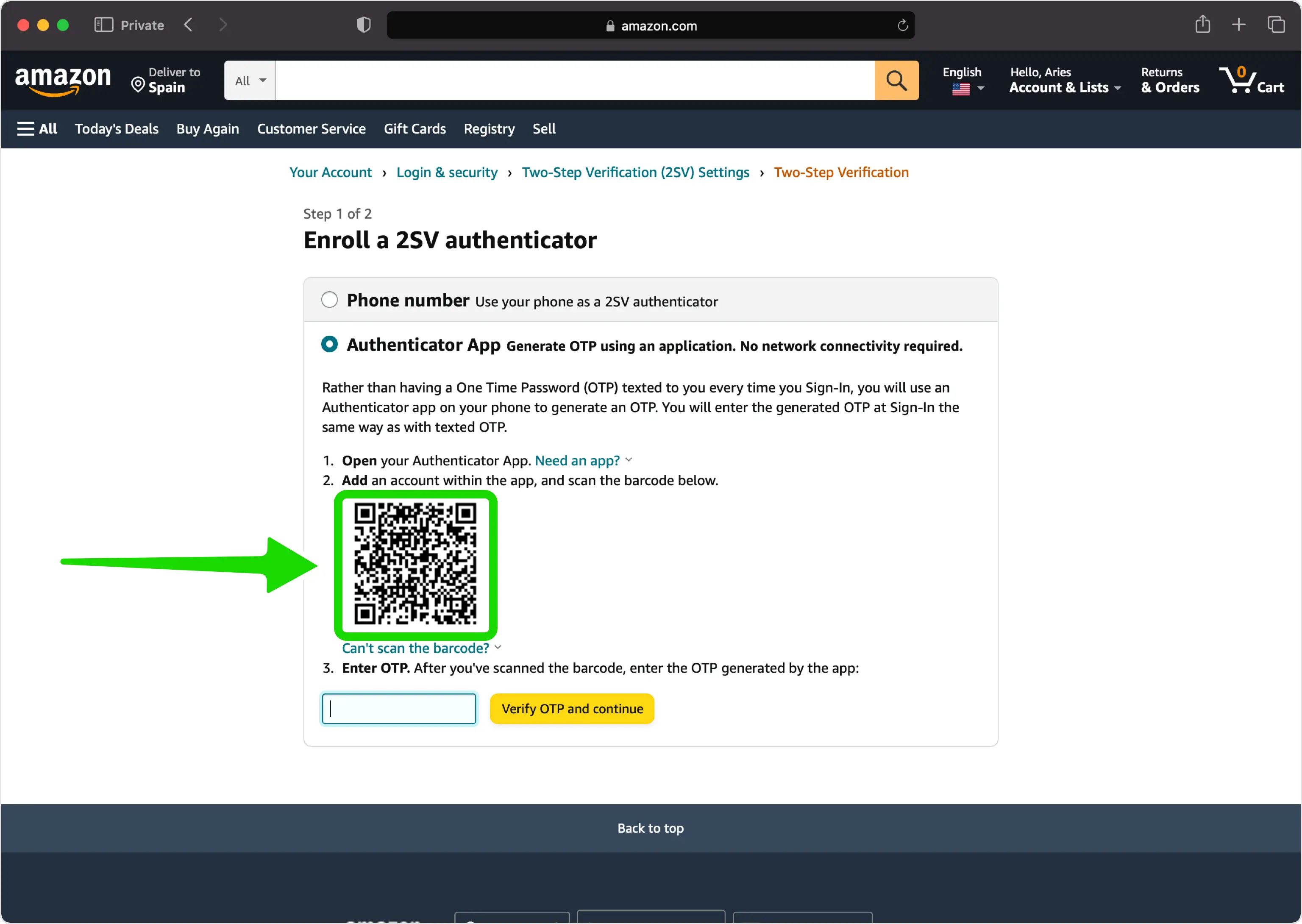 Amazon setup page displaying a sample QR code for an authenticator app
