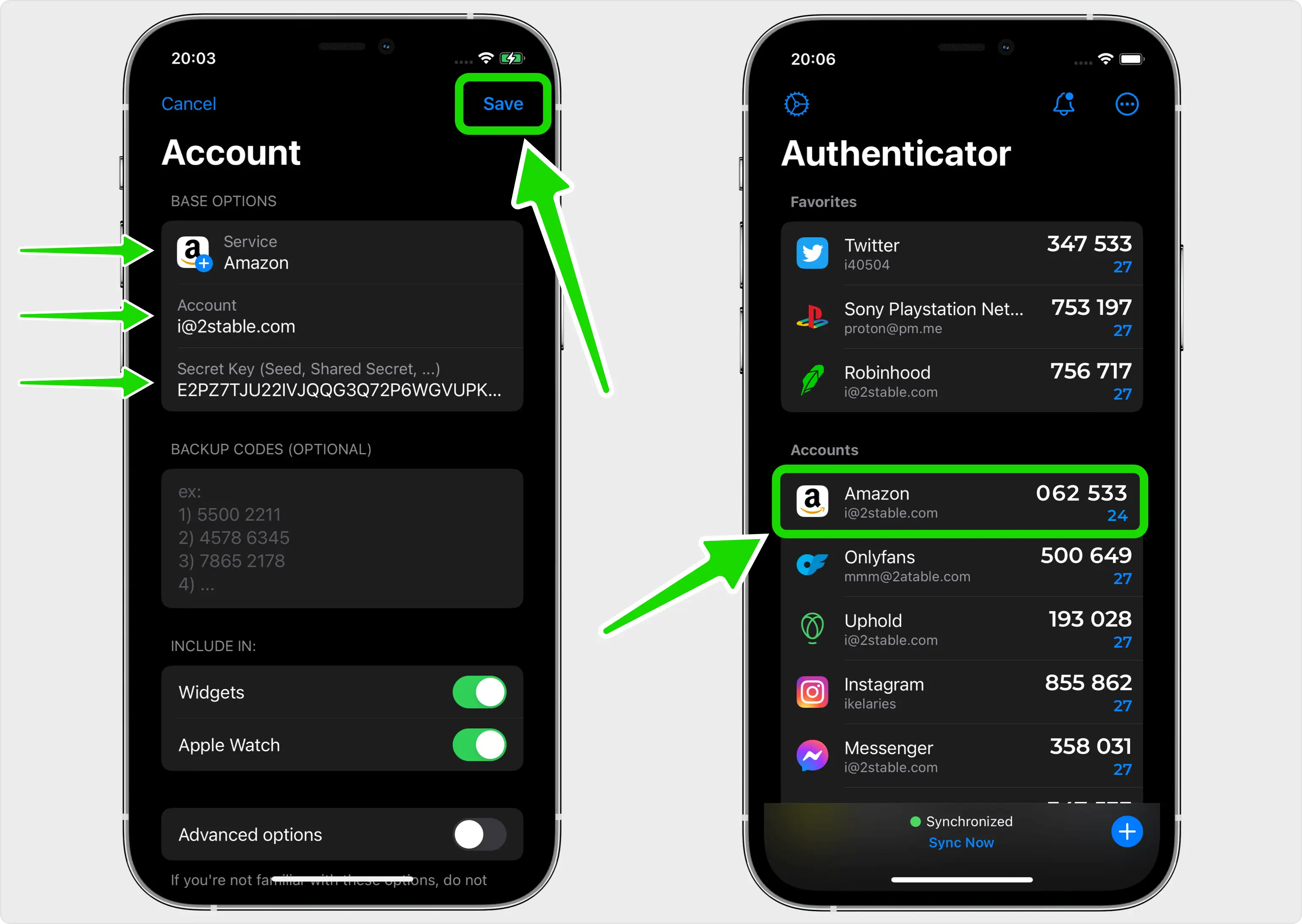 Authenticator App - Novaz new-account screen with the Amazon logo, account name and secret key filled in