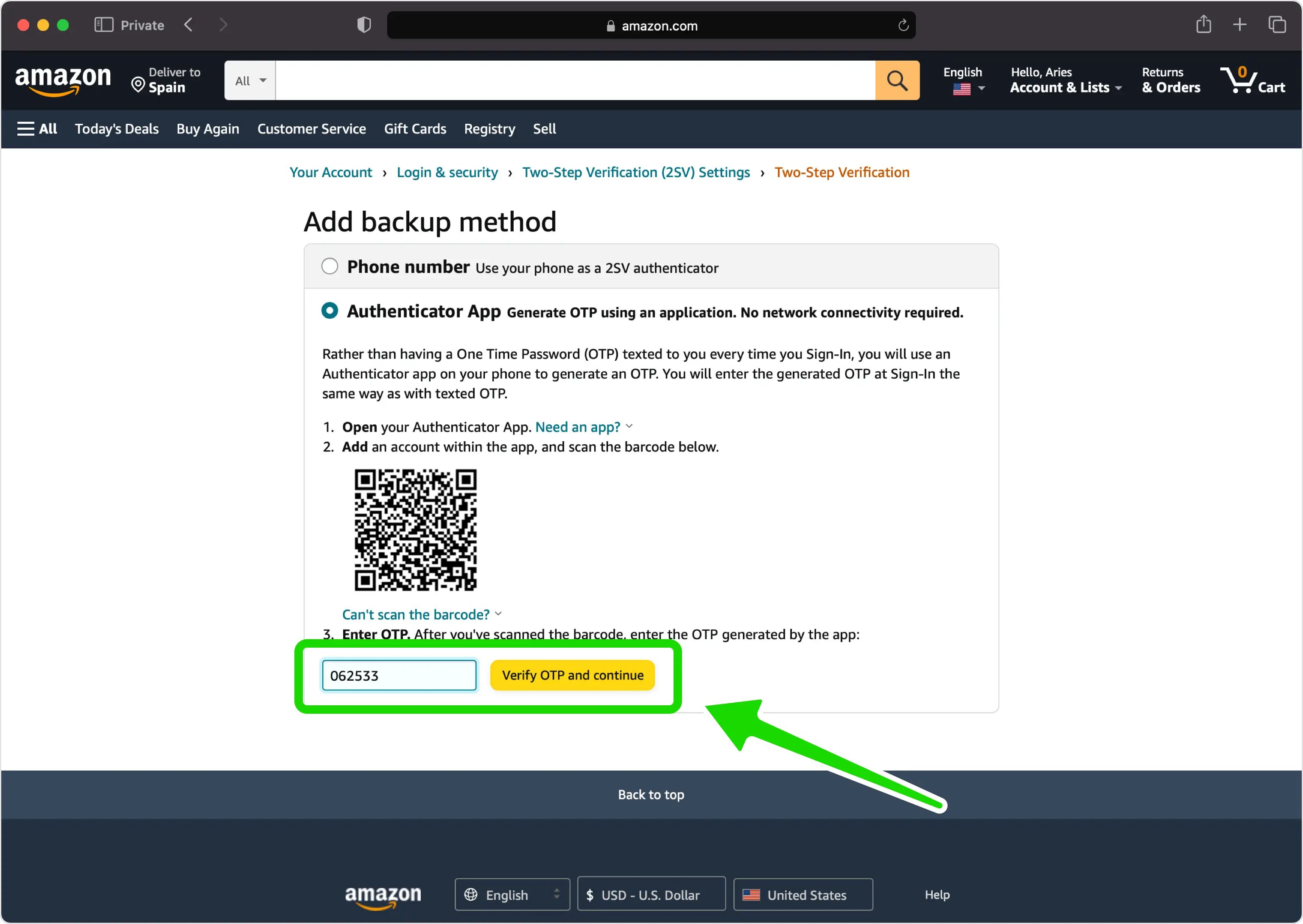 Amazon code entry field with the 'Verify OTP and continue' button