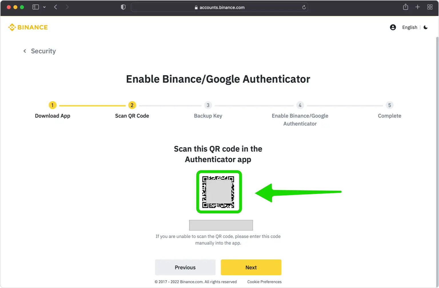 Binance setup window displaying a QR code to link an authenticator
