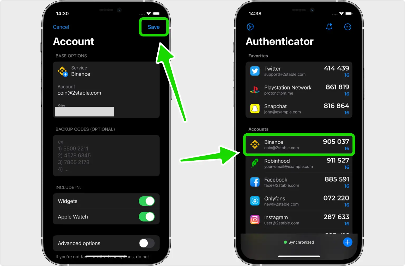 Authenticator App - Novaz showing the saved Binance account and its current code