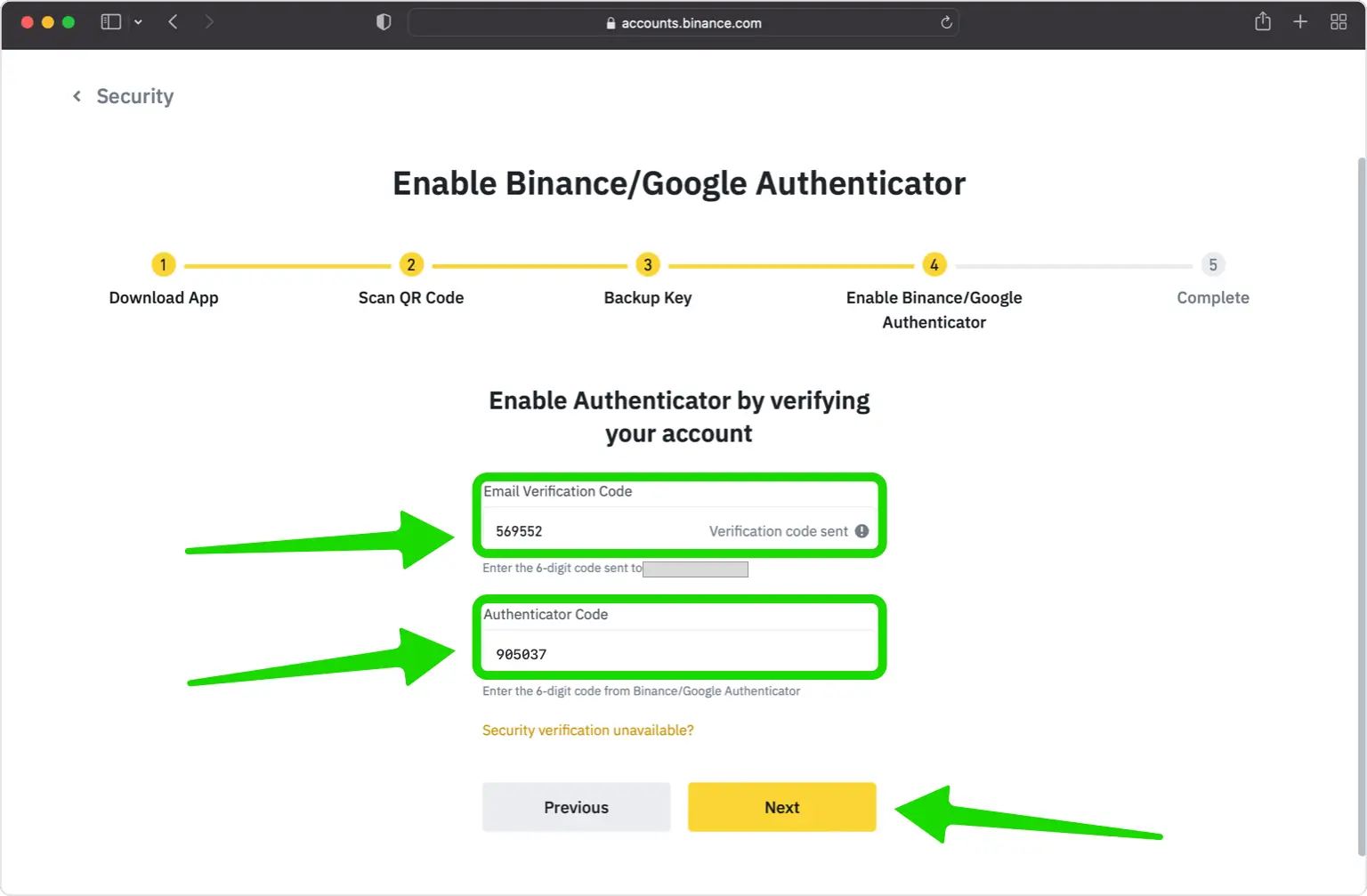 Binance verification form with Email Verification Code and Authenticator App fields