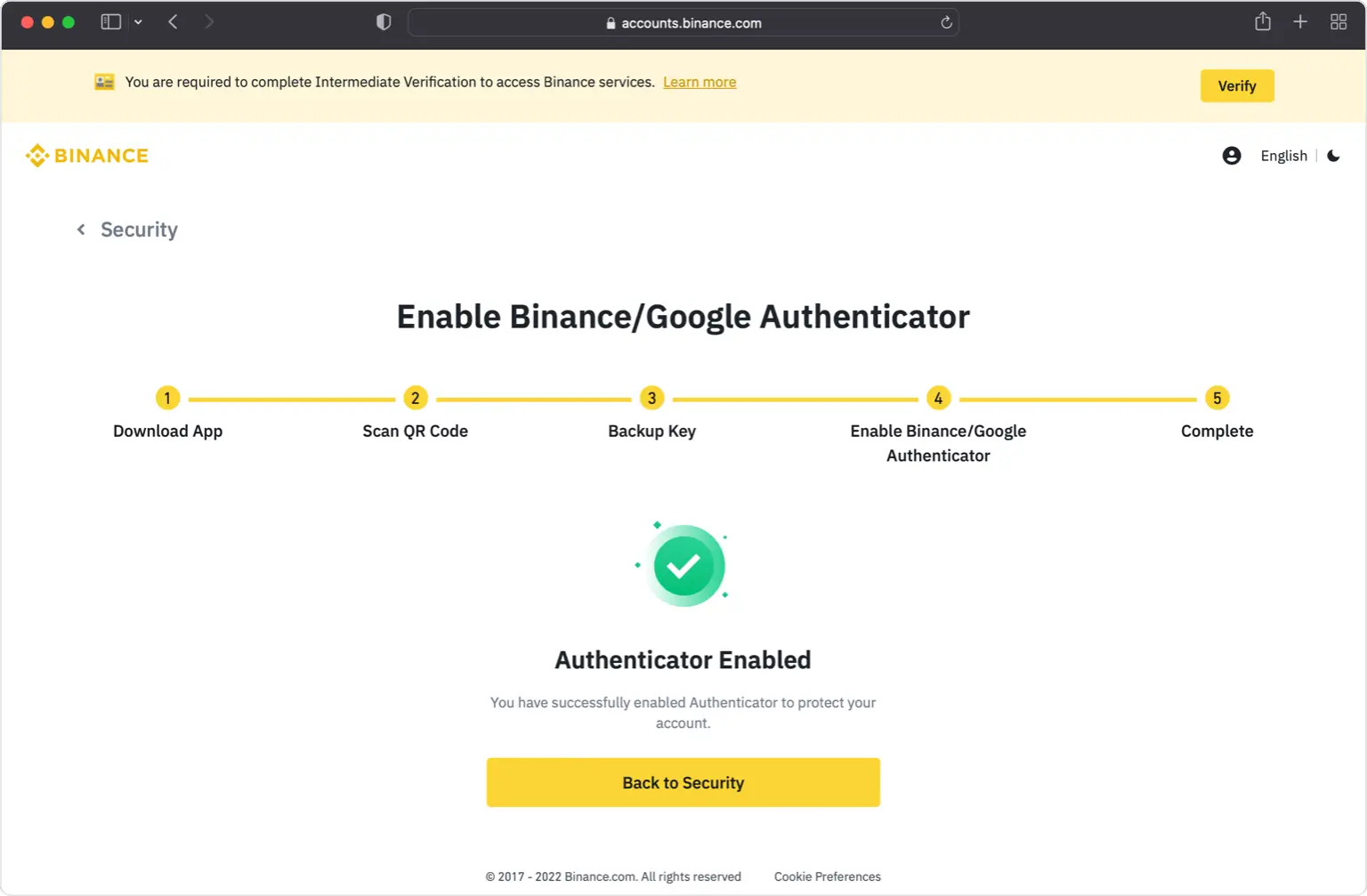 Binance confirmation that the authenticator has been enabled