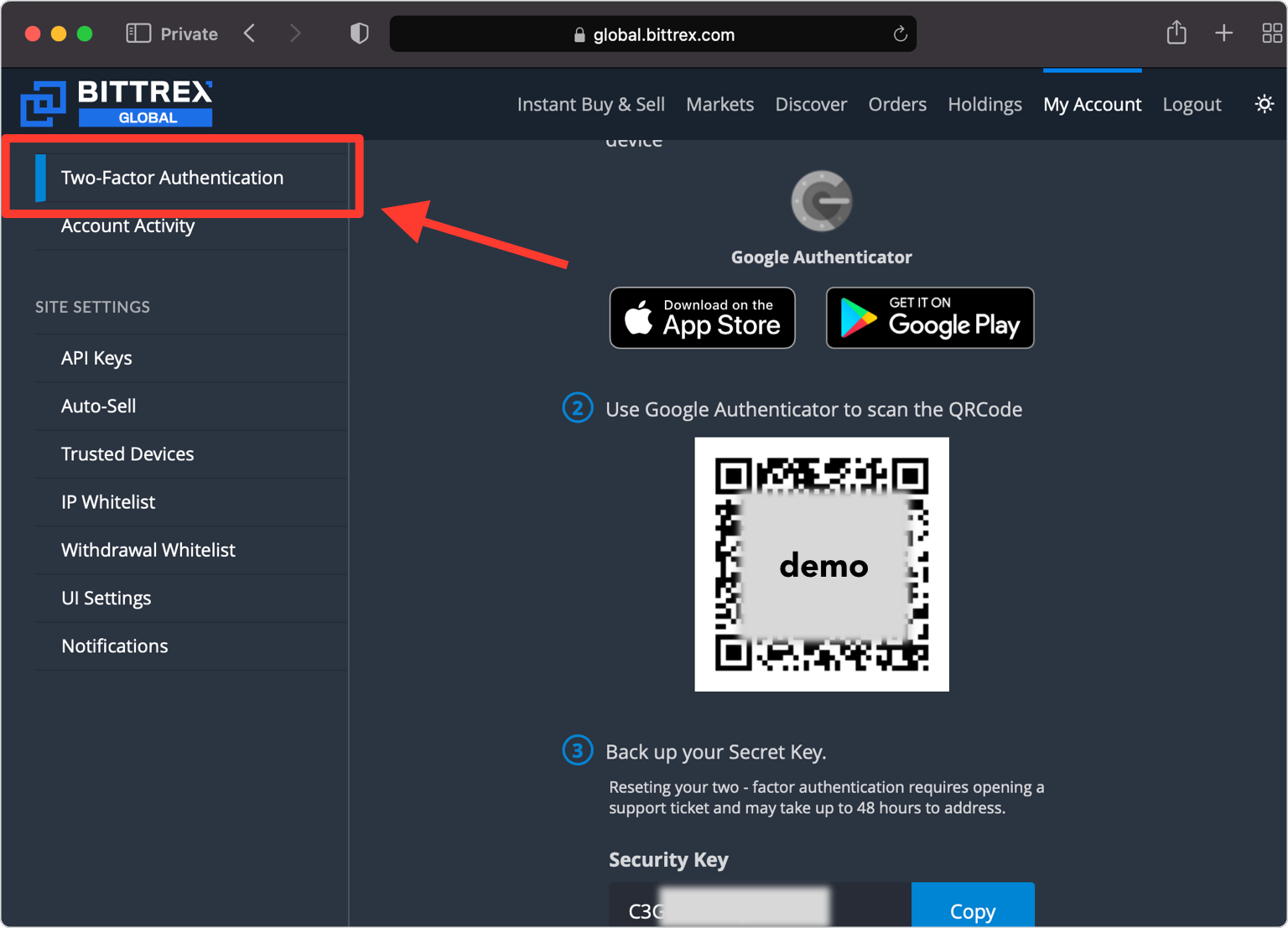 bittrex 2FA setup — Next Page