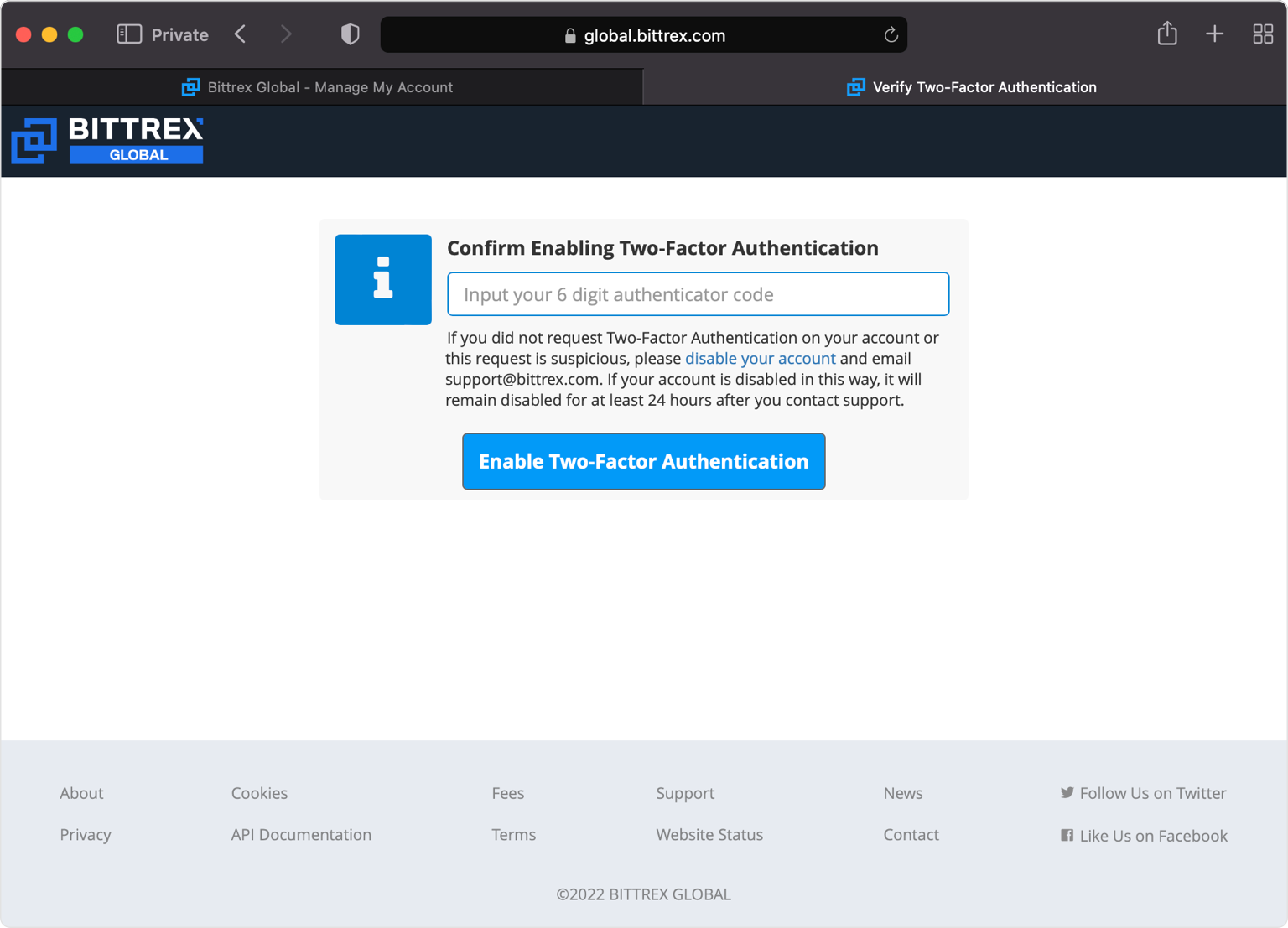 bittrex 2FA setup — Confirm Enabling Two-Factor Authentication
