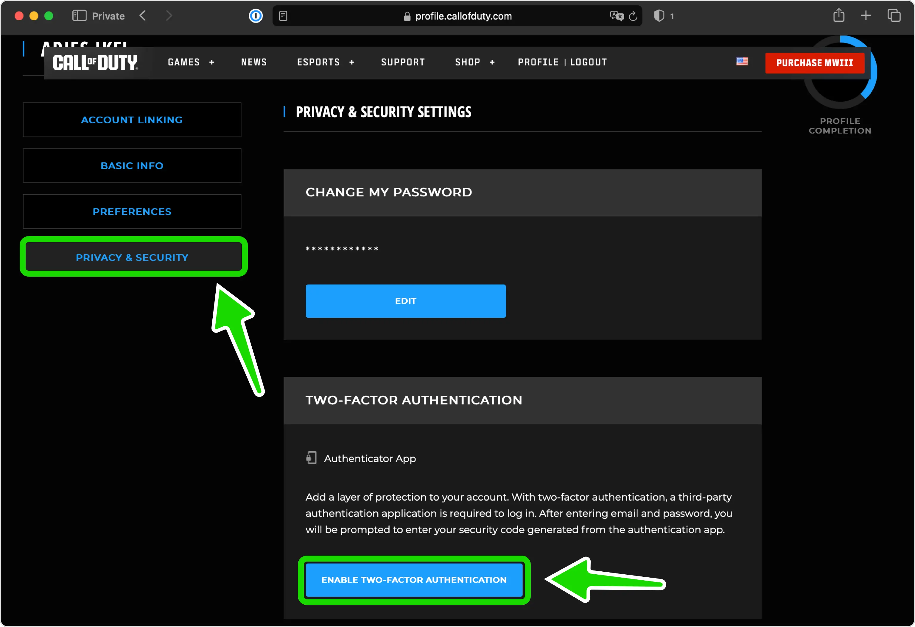 call-of-duty 2FA setup — Privacy & Security