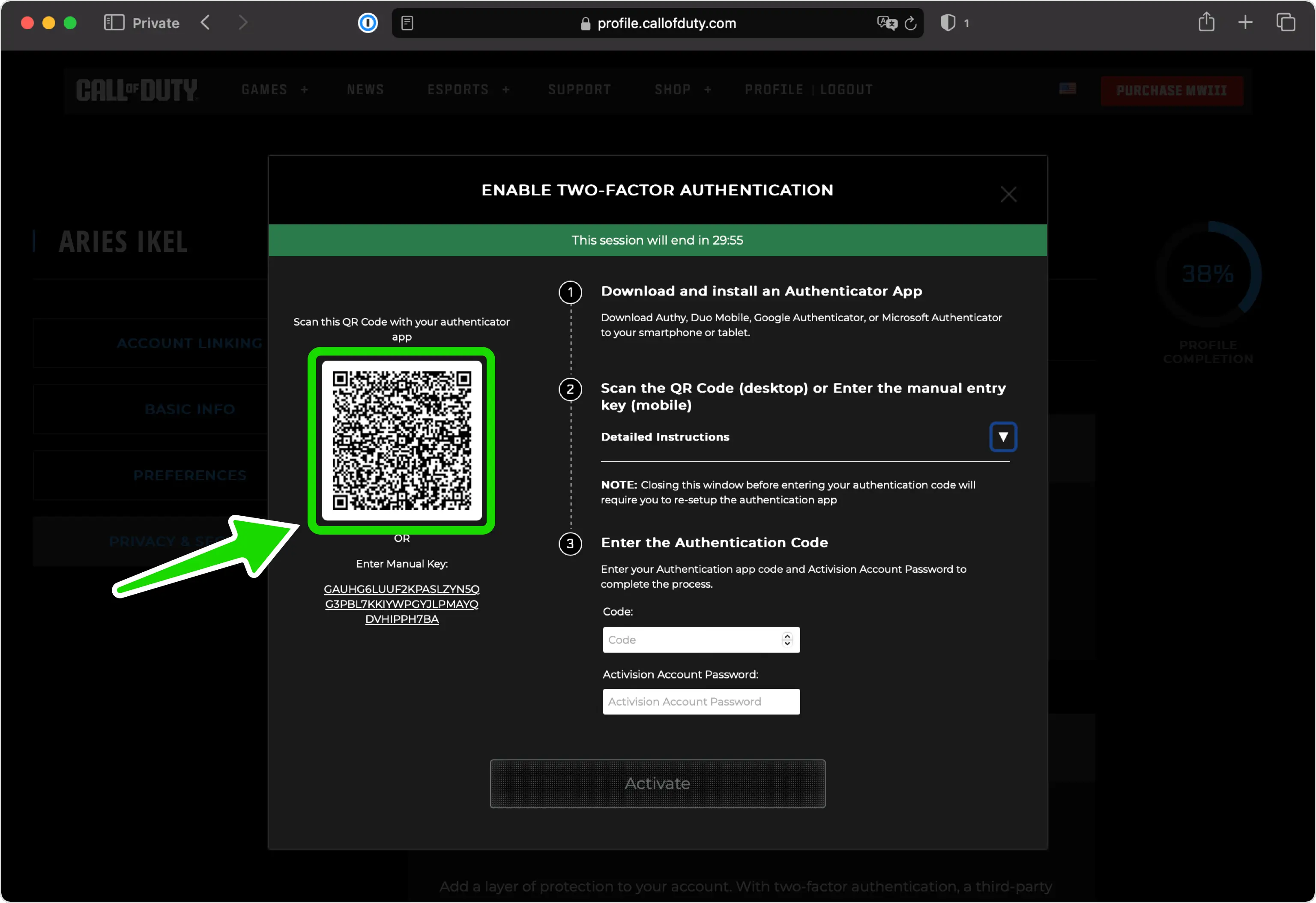 call-of-duty 2FA setup — Two Factor Authentication QR Code