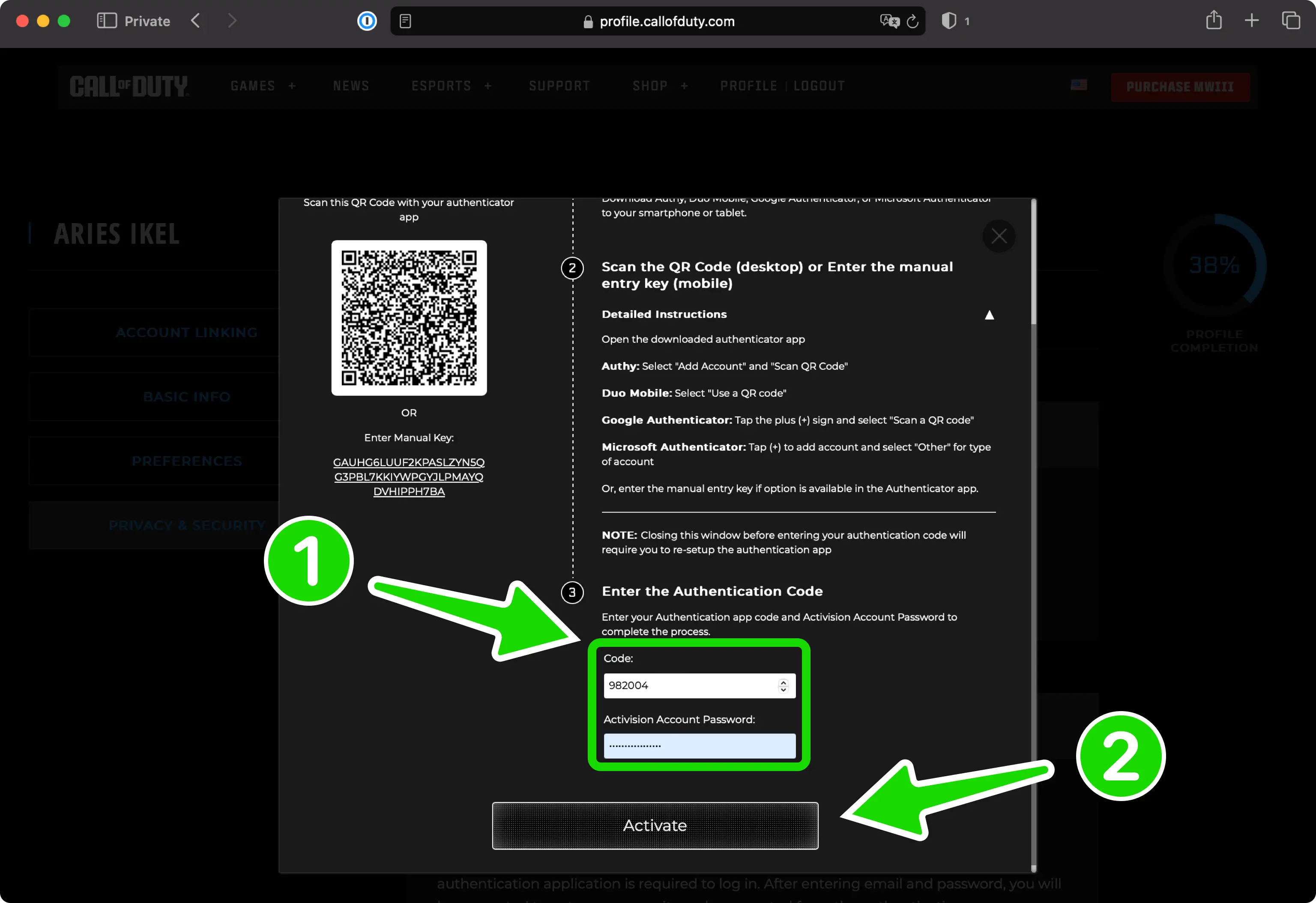 call-of-duty 2FA setup — Confirm and Activate MS Authenticator App
