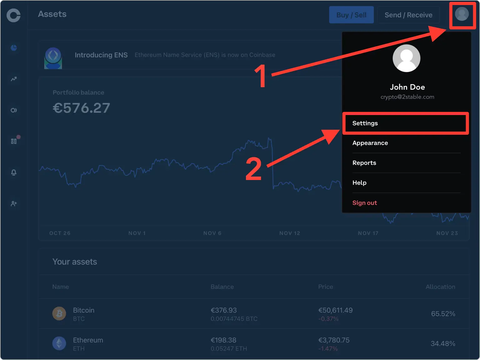 coinbase 2FA setup — Locate 2FA Settings