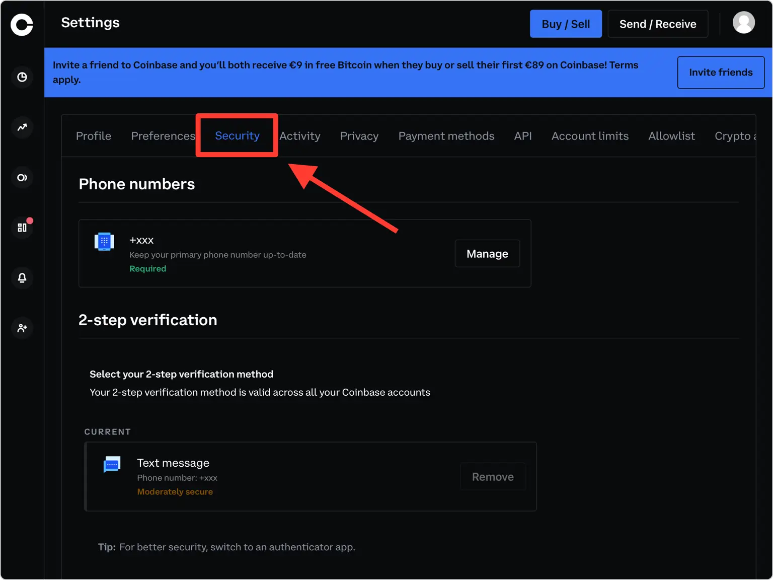 coinbase 2FA setup — Security