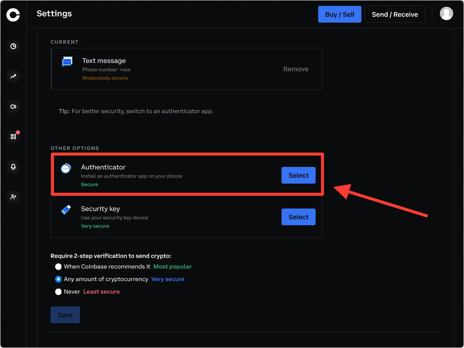 coinbase 2FA setup — Other Options