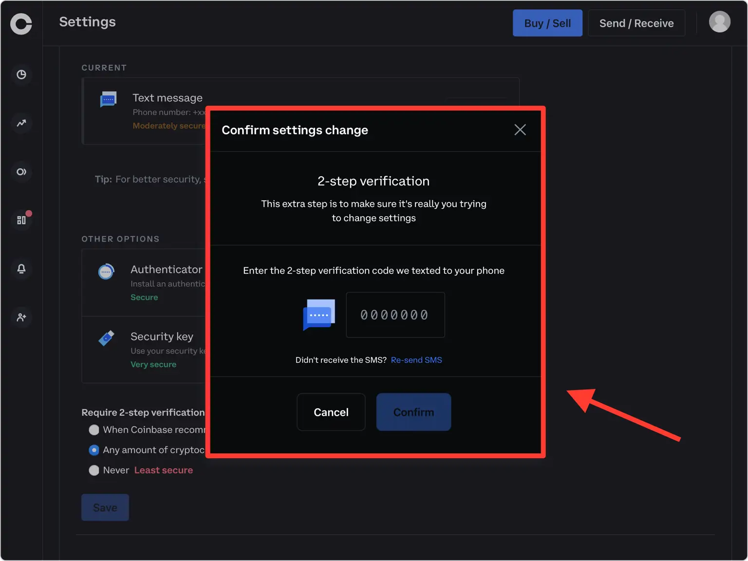 coinbase 2FA setup — Verify your phone number