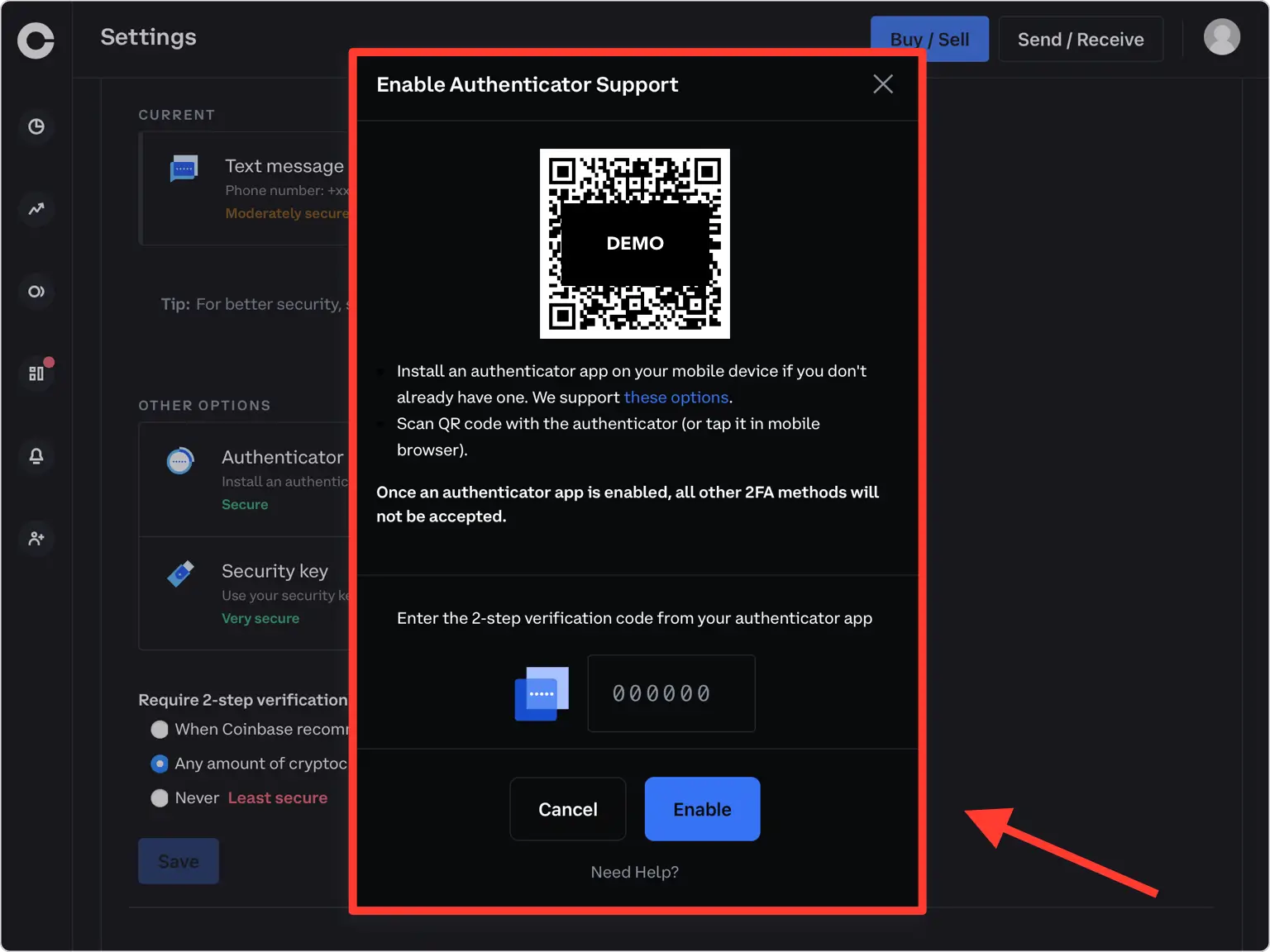 coinbase 2FA setup — QR Code