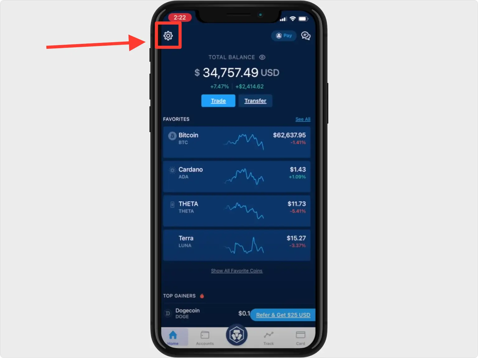 Crypto.com app home screen with Settings in the top-left corner