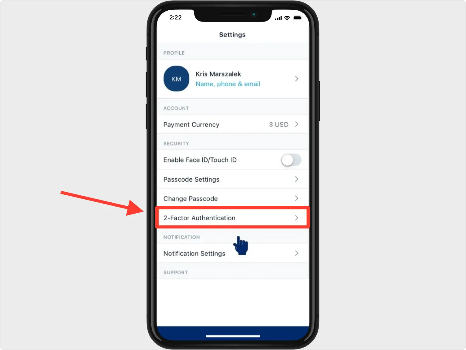 Crypto.com settings menu with the 2-Factor Authentication option