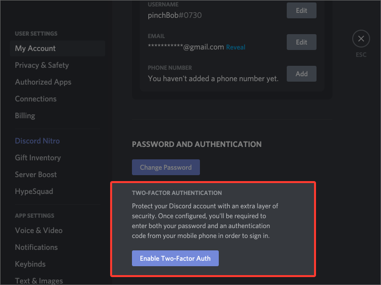 discord 2FA setup — Two Factor Authentication