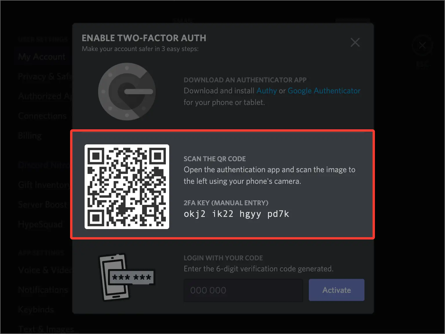 discord 2FA setup — QR Code