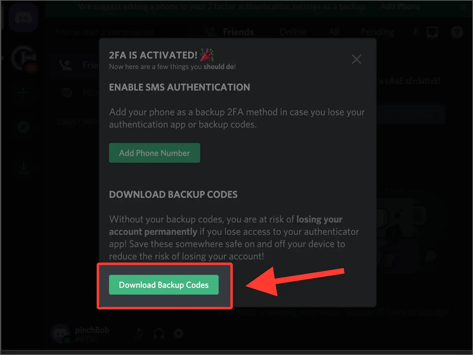 discord 2FA setup — Download back-up codes