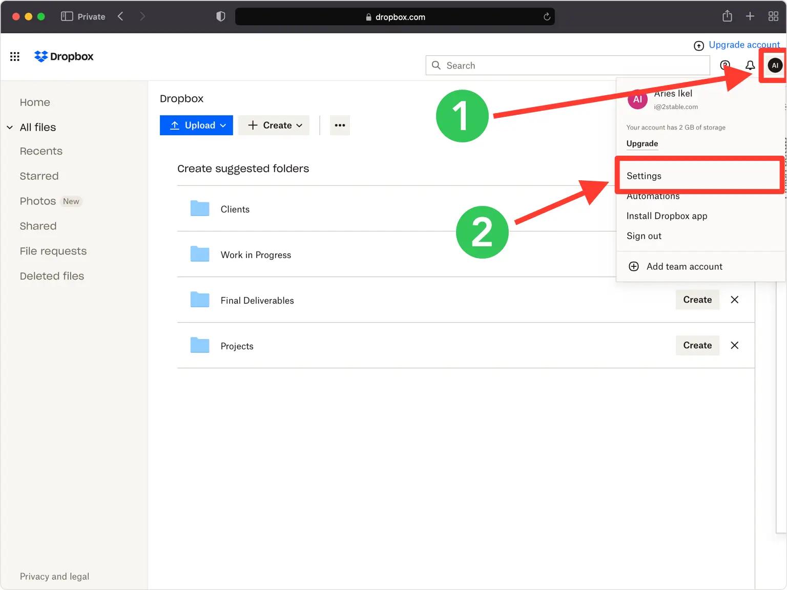 dropbox 2FA setup — Locate 2FA Settings