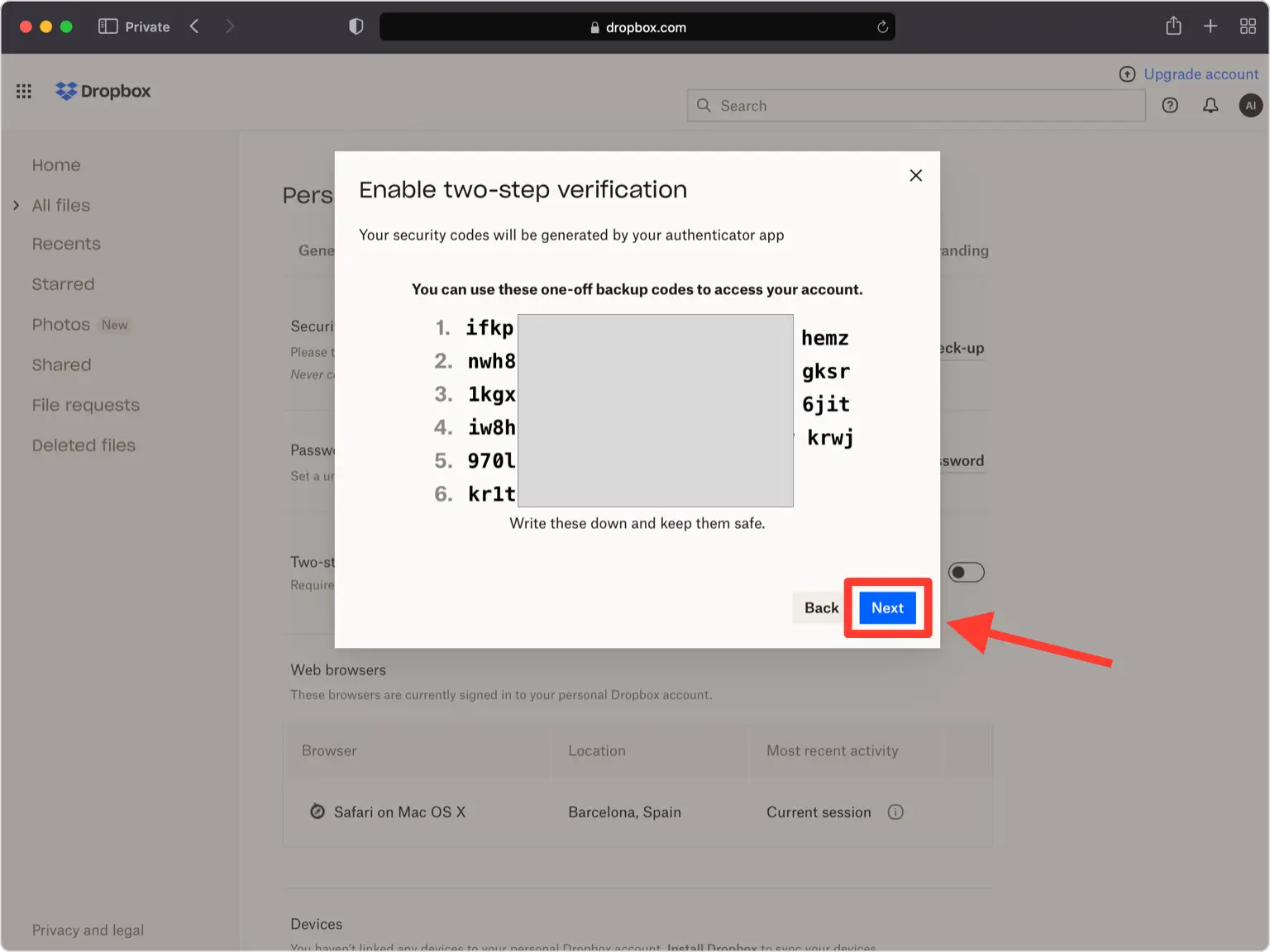 dropbox 2FA setup — Save your Backup Codes!