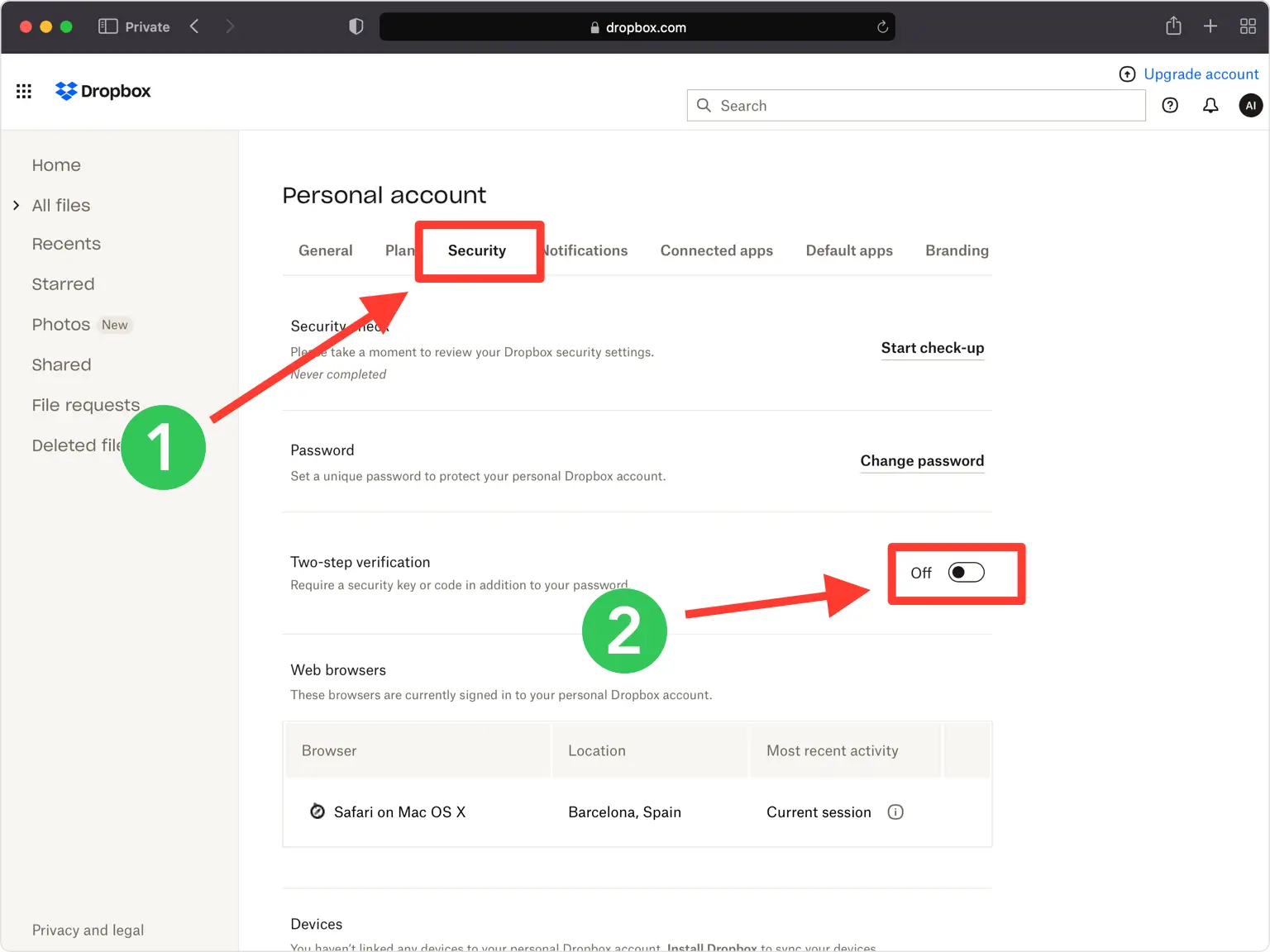 dropbox 2FA setup — Security