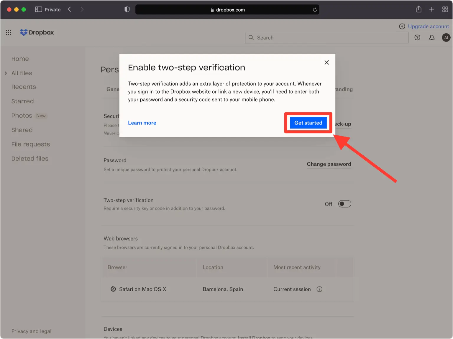 dropbox 2FA setup — Get started