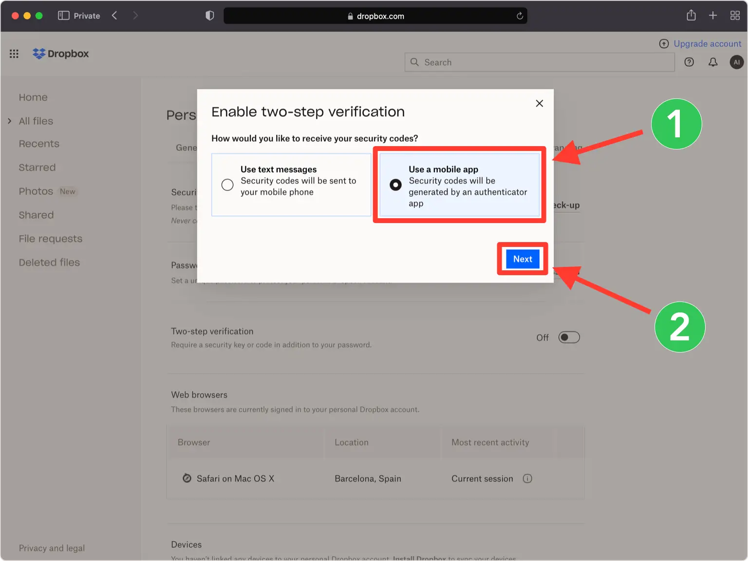 dropbox 2FA setup — Enable two-step verification