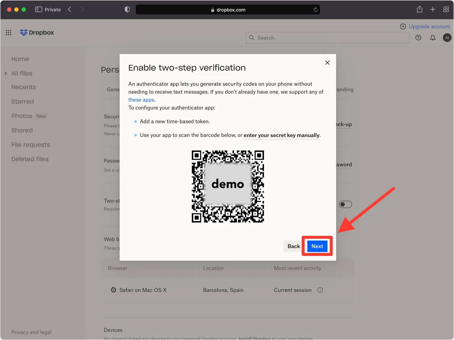 dropbox 2FA setup — QR Code