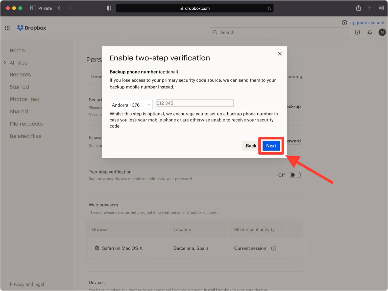 dropbox 2FA setup — Backup Phone Number (Optional)