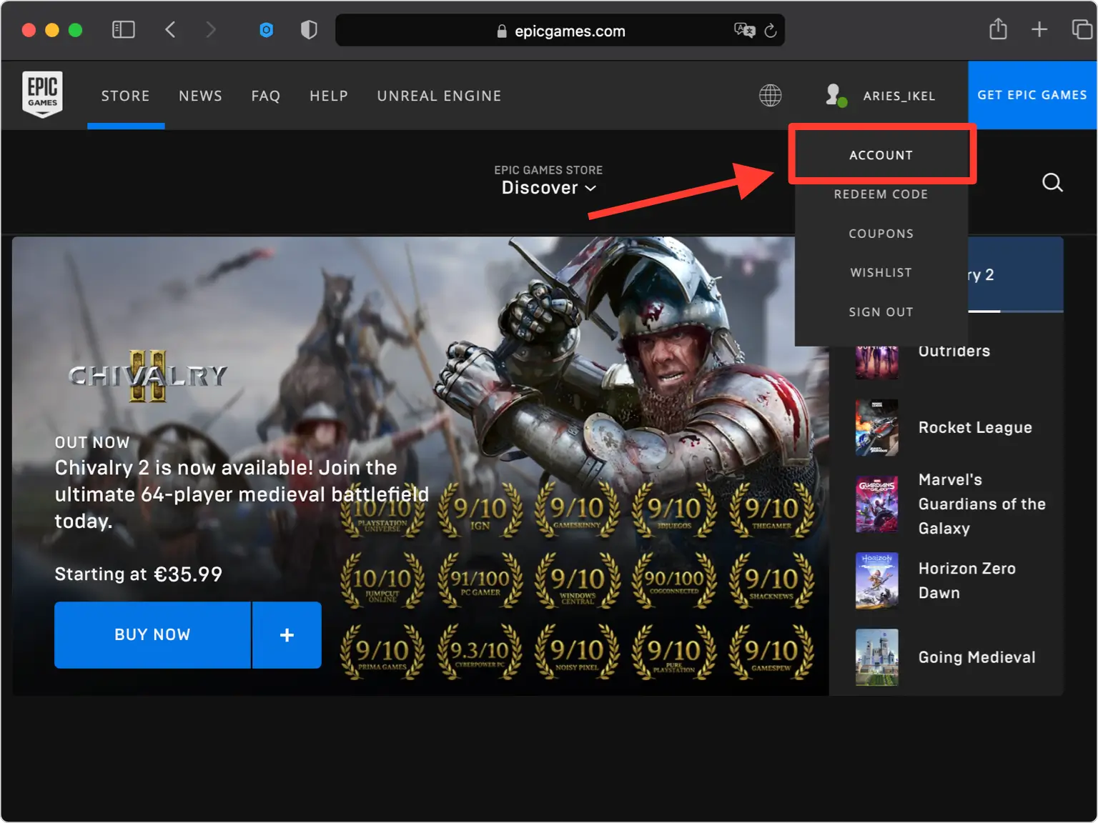 Epic Games website with the ACCOUNT link in view