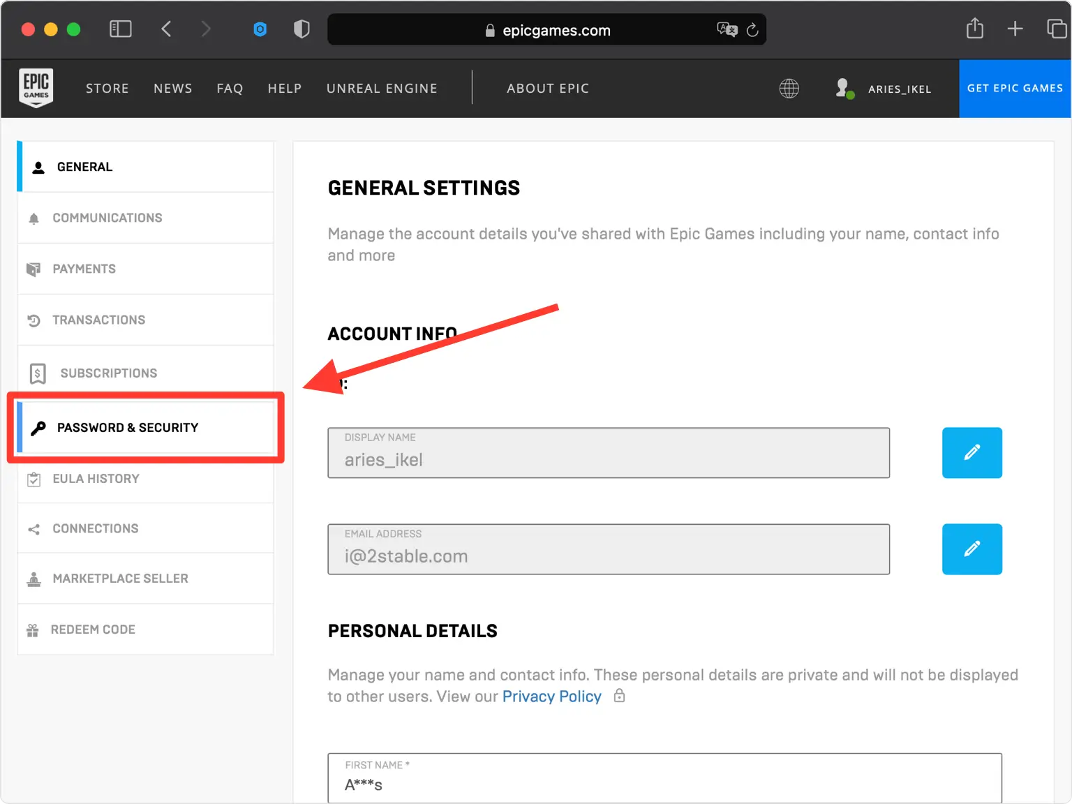 Epic Games account page with the PASSWORD & SECURITY tab selected