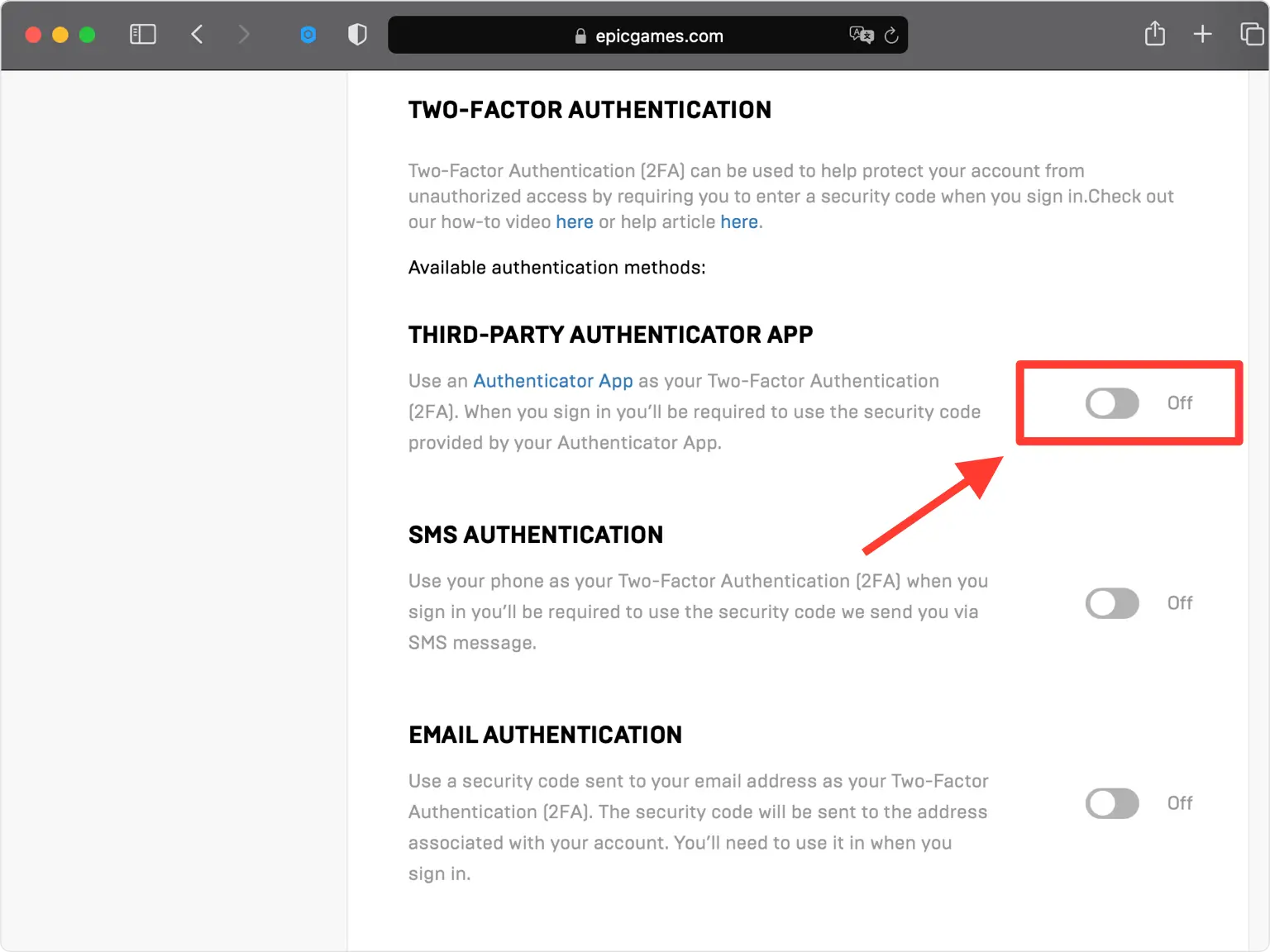 Epic Games two-factor options with THIRD-PARTY AUTHENTICATOR APP