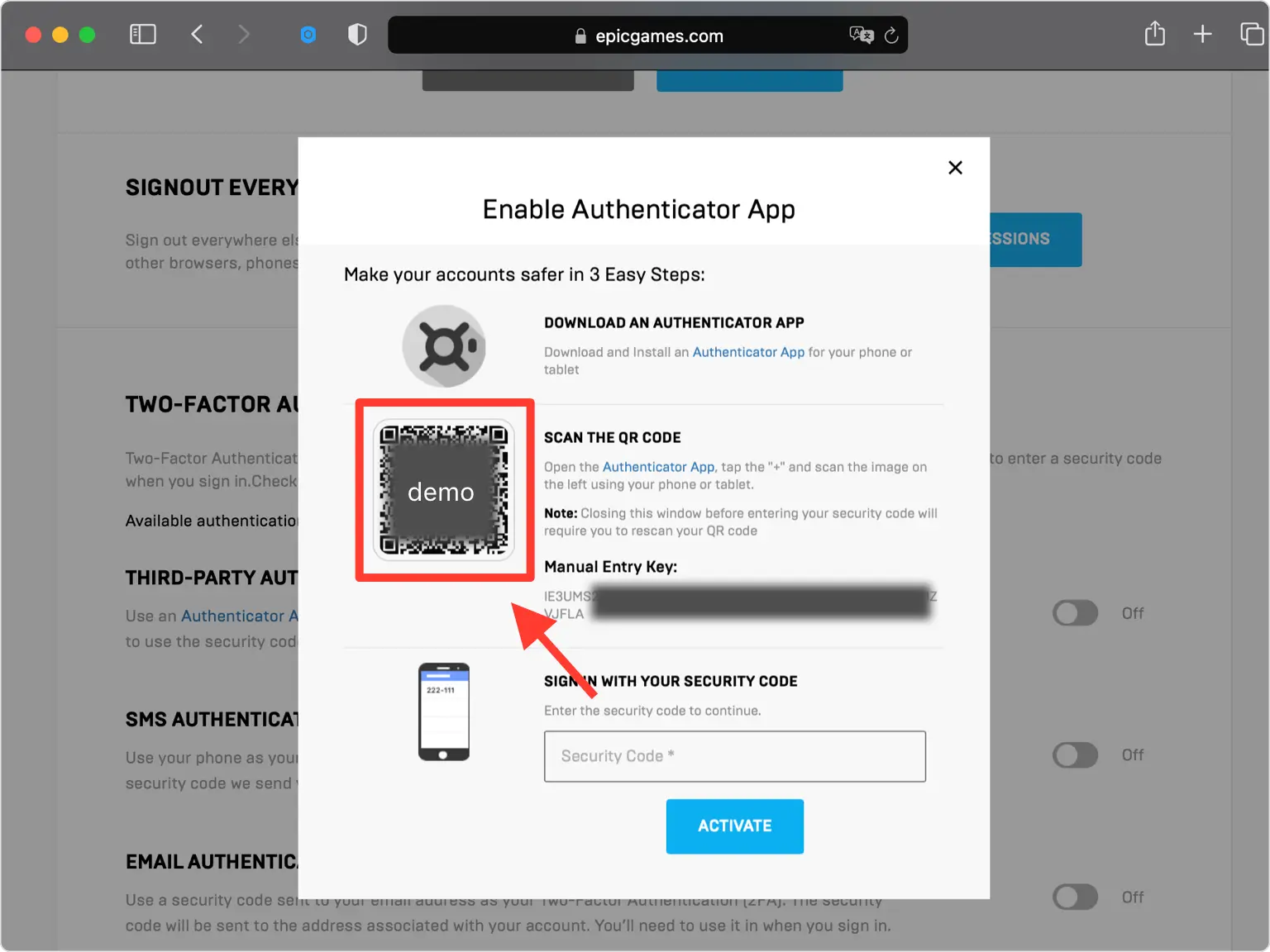 Epic Games pop-up showing a QR code for an authenticator app