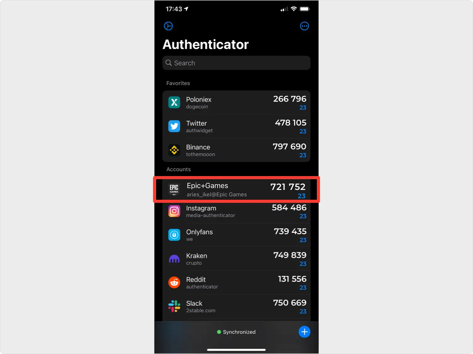 Authenticator App - Novaz showing the rotating code for Epic Games