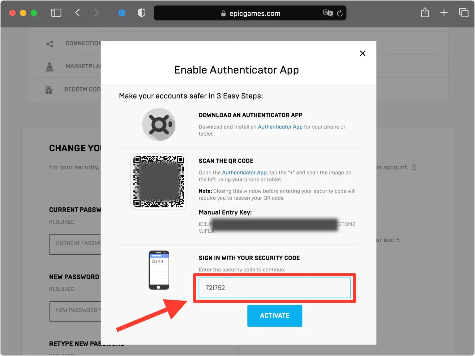Epic Games code entry field with an Activate button