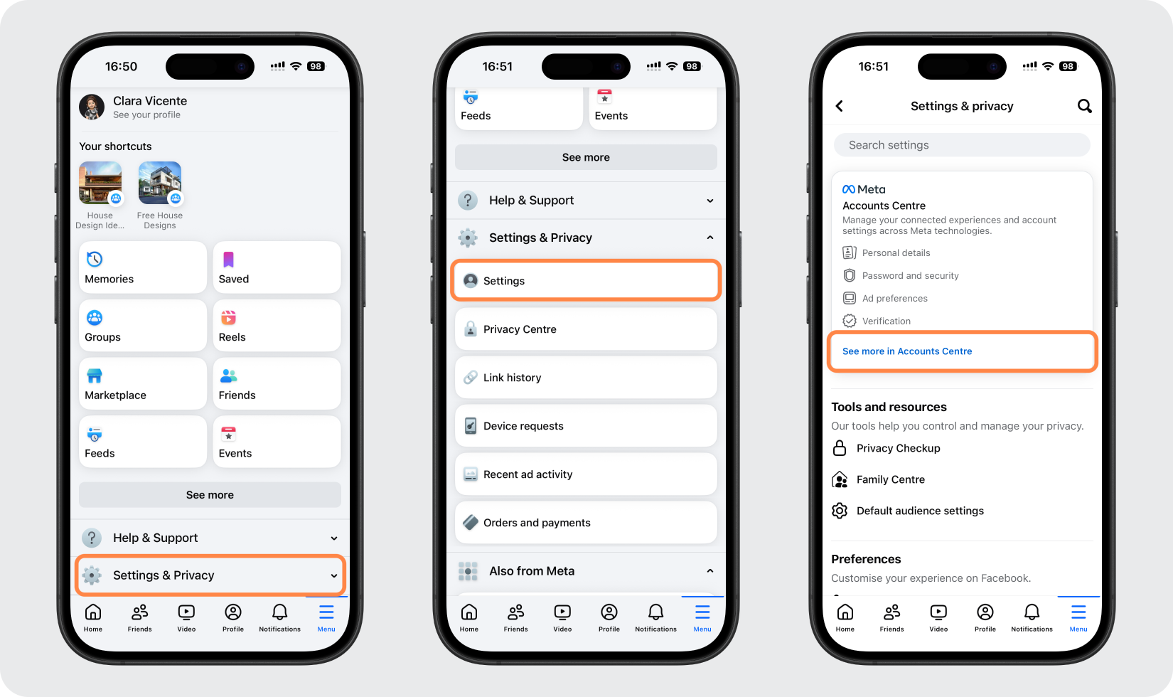 facebook 2FA setup — Go to Account Center