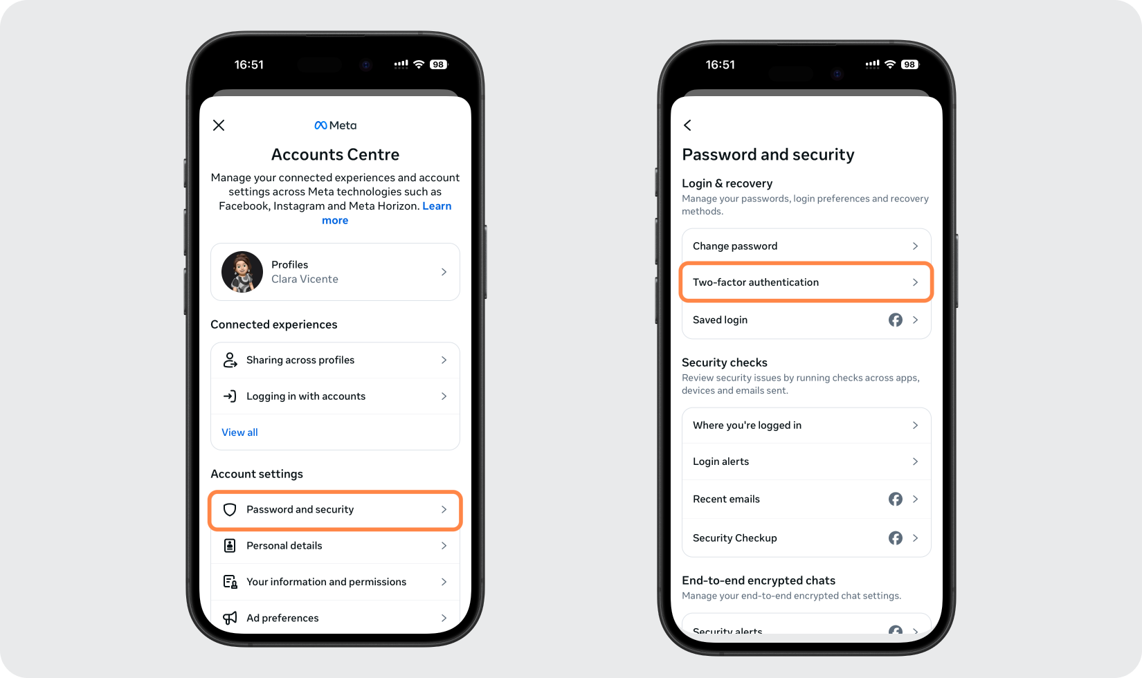 facebook 2FA setup — Navigate to Two-Factor Authentication