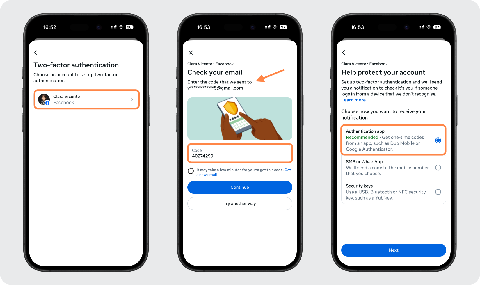 facebook 2FA setup — Choose Your Account and Method
