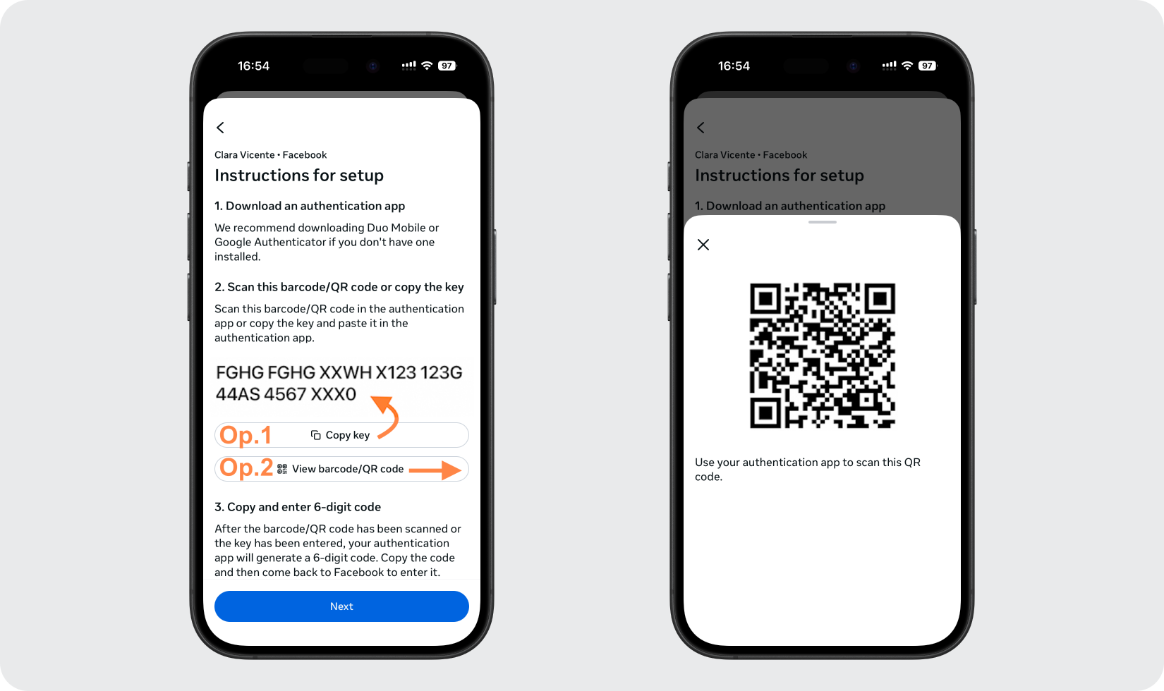 facebook 2FA setup — Copy Key or Scan the QR Code