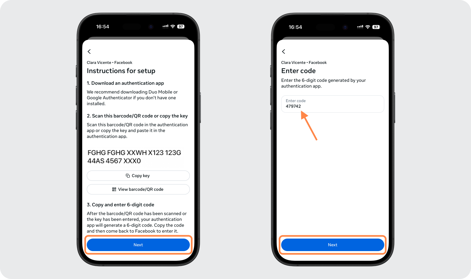 facebook 2FA setup — Confirm Setup in Facebook