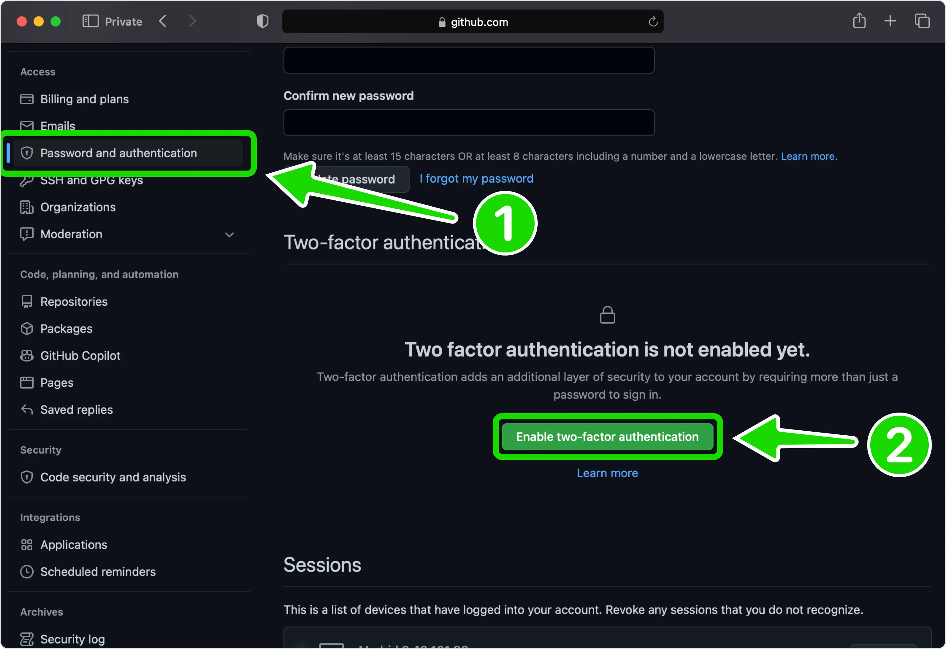 github 2FA setup — Enable Two-Factor Authentication