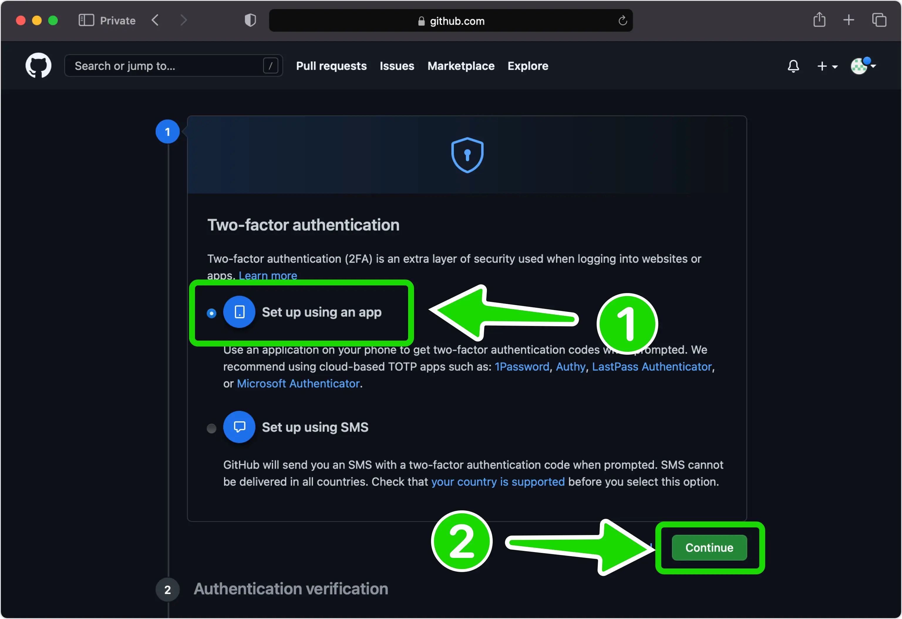 github 2FA setup — Next Step