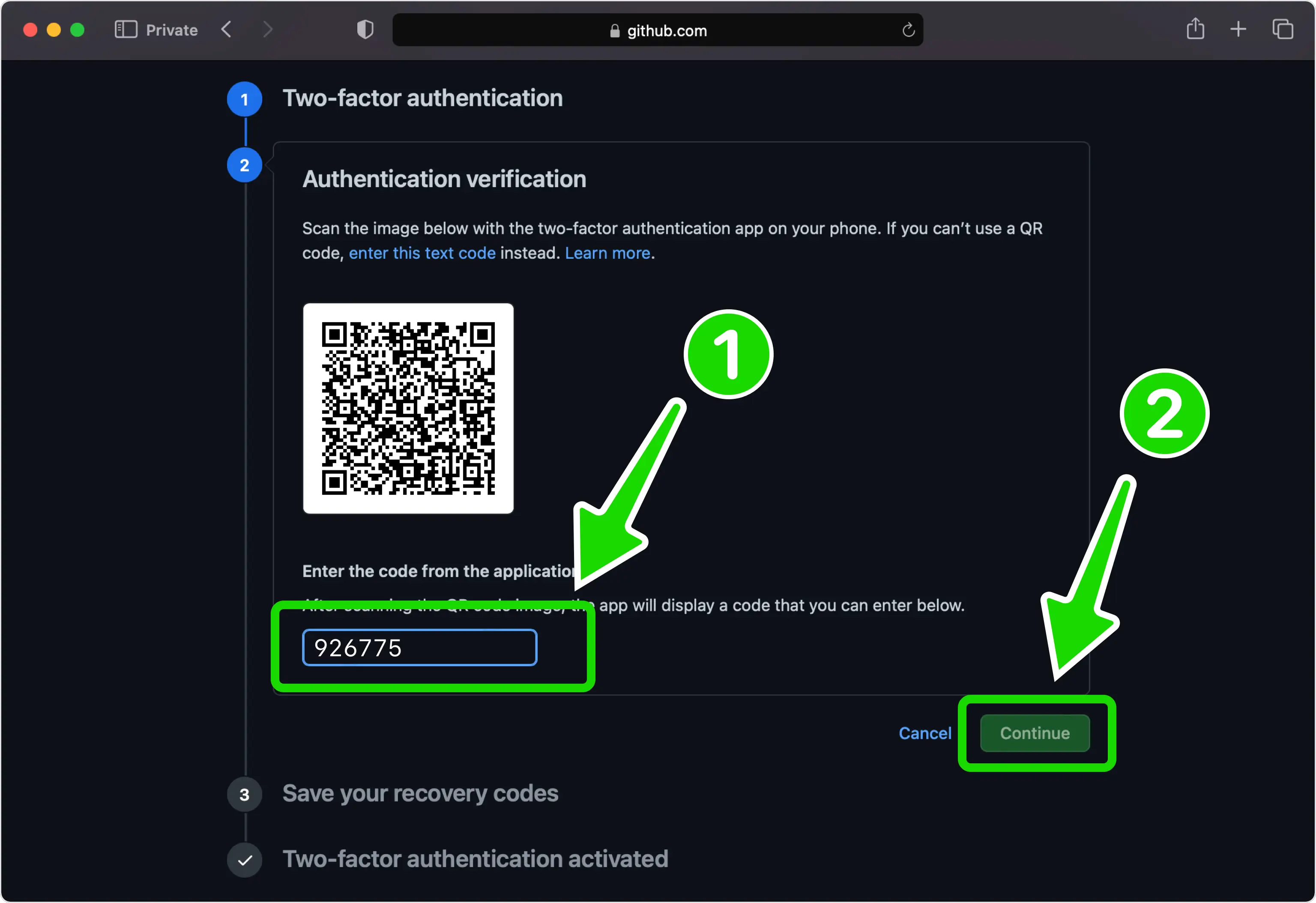 github 2FA setup — Confirm OTP code