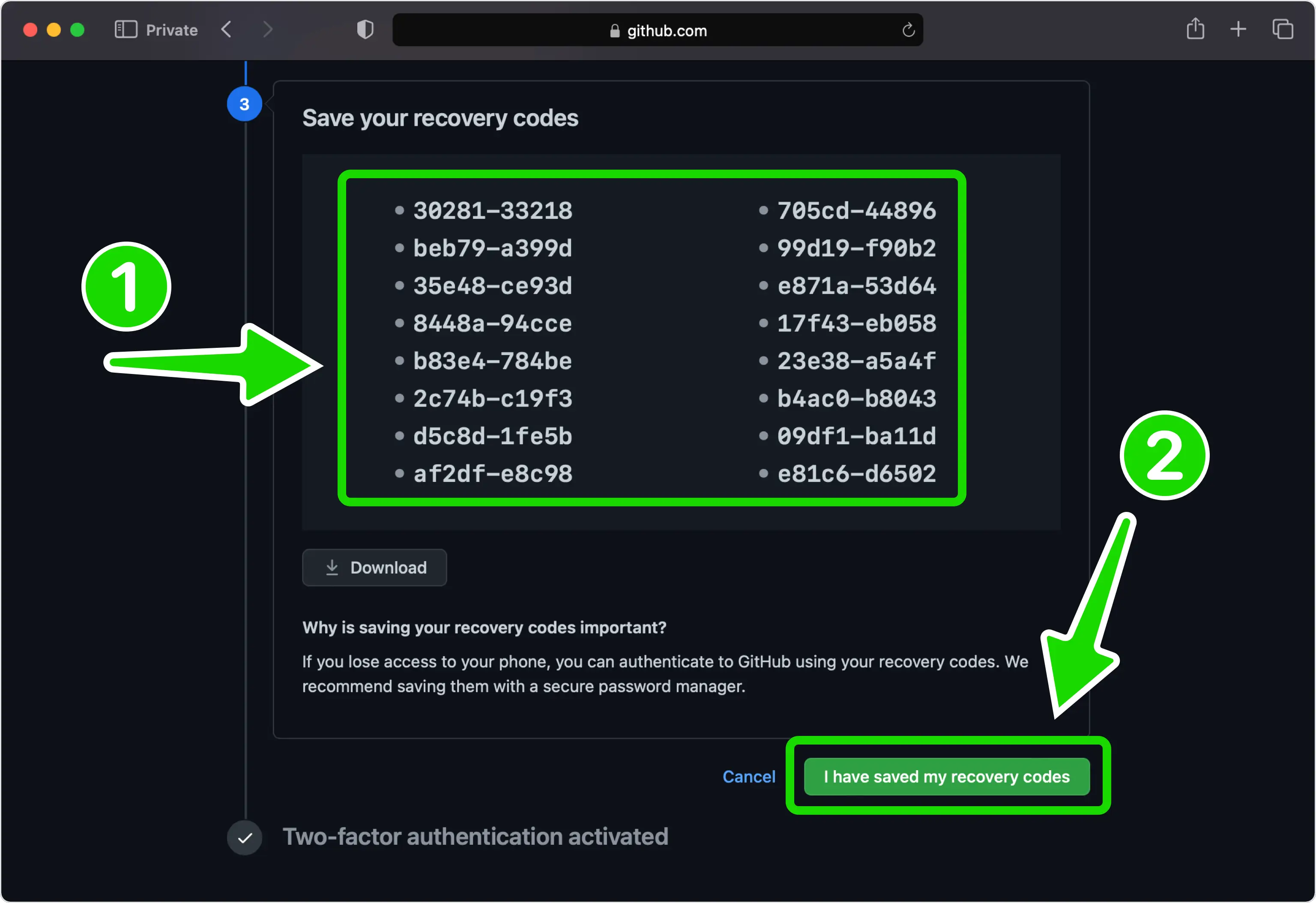 github 2FA setup — Save Your Recovery Codes